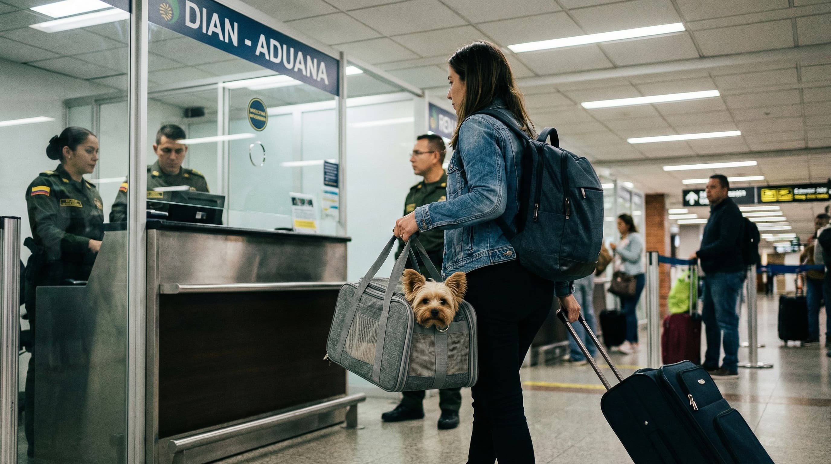 Traveler arriving at Colombian international airport with soft-sided pet carrier, small dog visible through mesh window