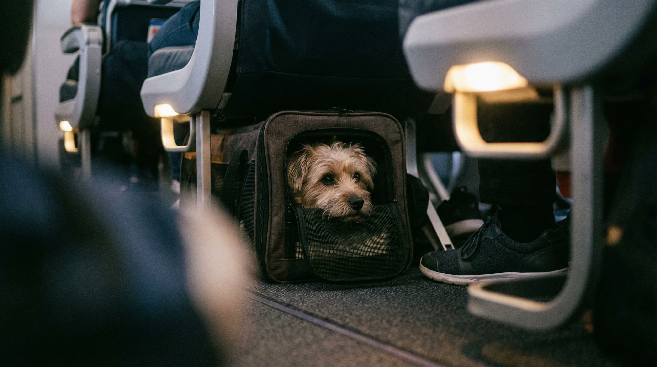 Small dog resting inside soft-sided carrier tucked under airplane seat during flight to Colombia
