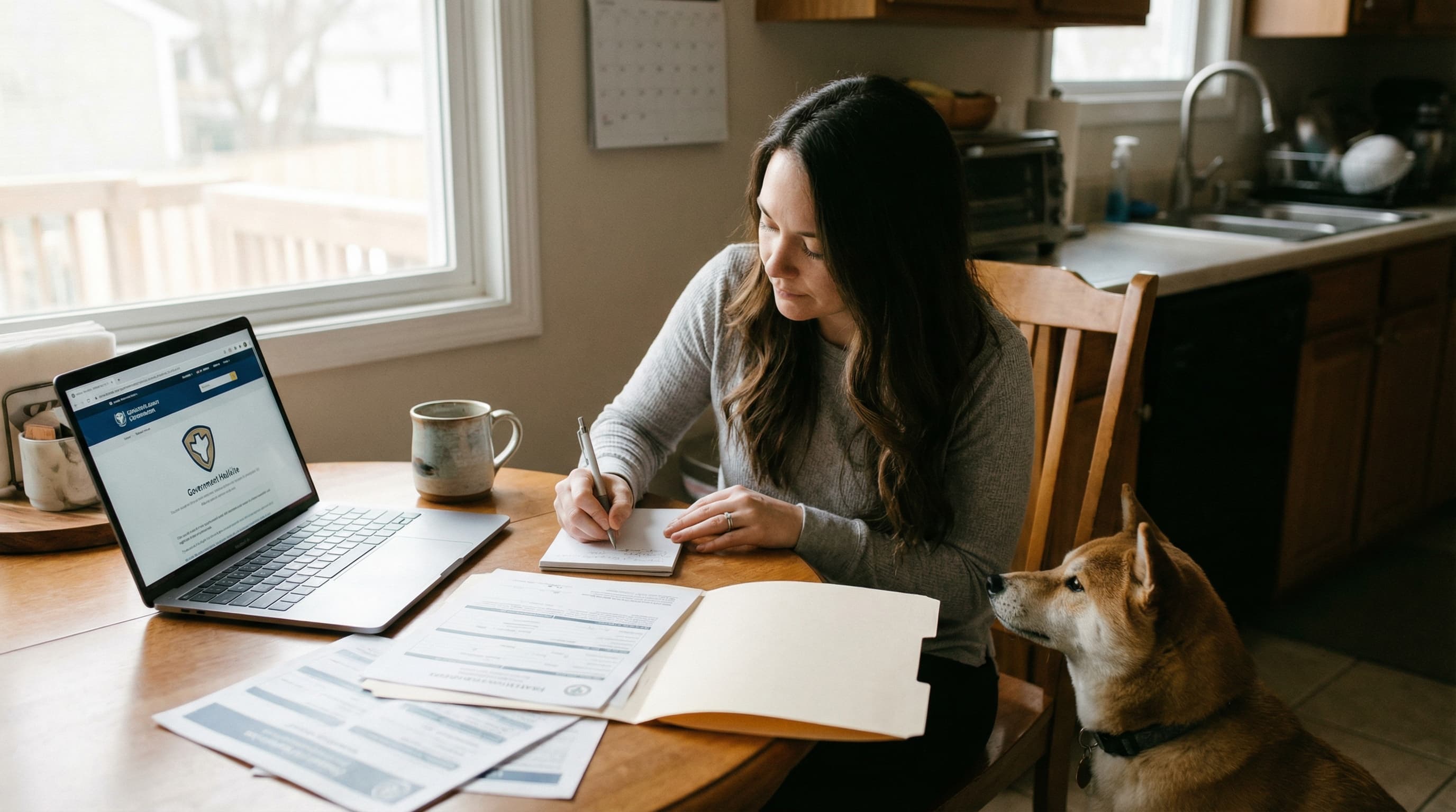 Woman at kitchen table reviewing Colombia pet travel documents on laptop, Shiba Inu beside her