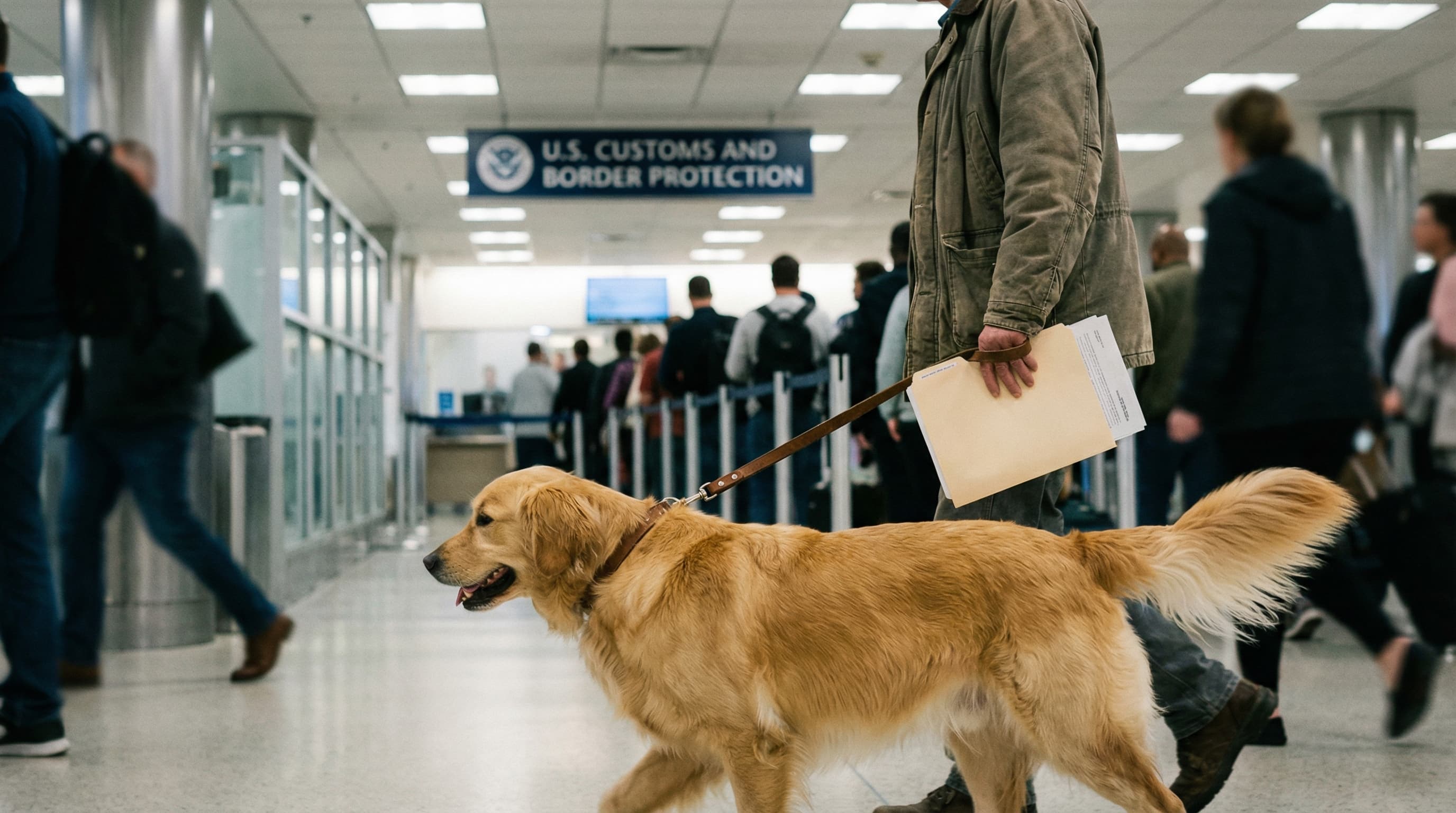 Golden retriever walking on leash through US airport arrivals corridor beside owner with CDC Dog Import Form
