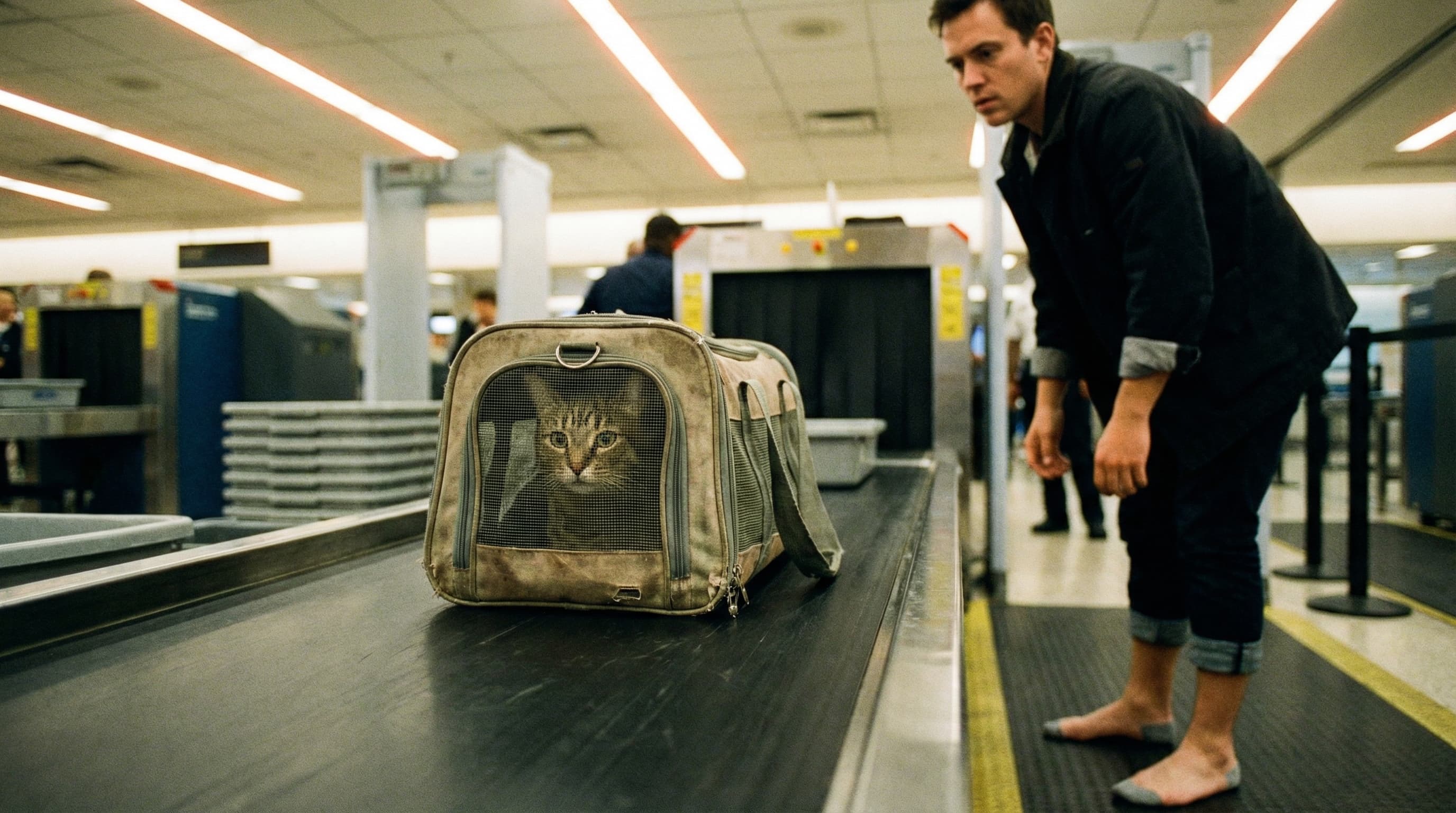 Traveler placing soft-sided cat carrier on airport security conveyor belt before departure