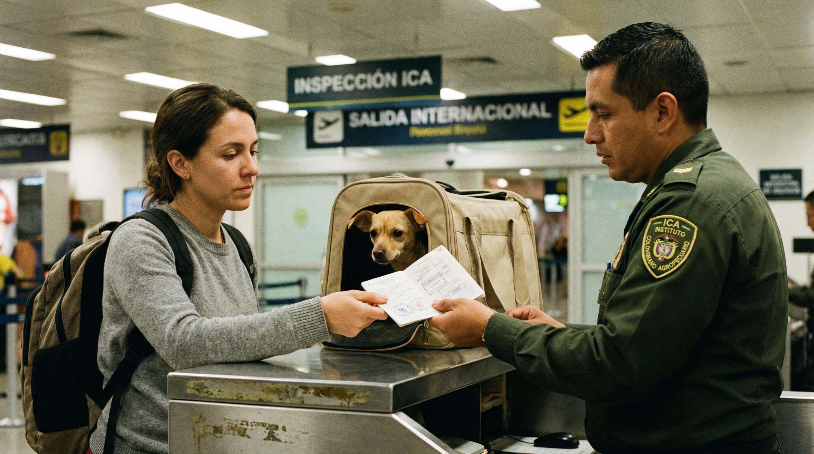 Pet owner at ICA inspection counter in Colombian airport, official reviewing endorsed health certificate