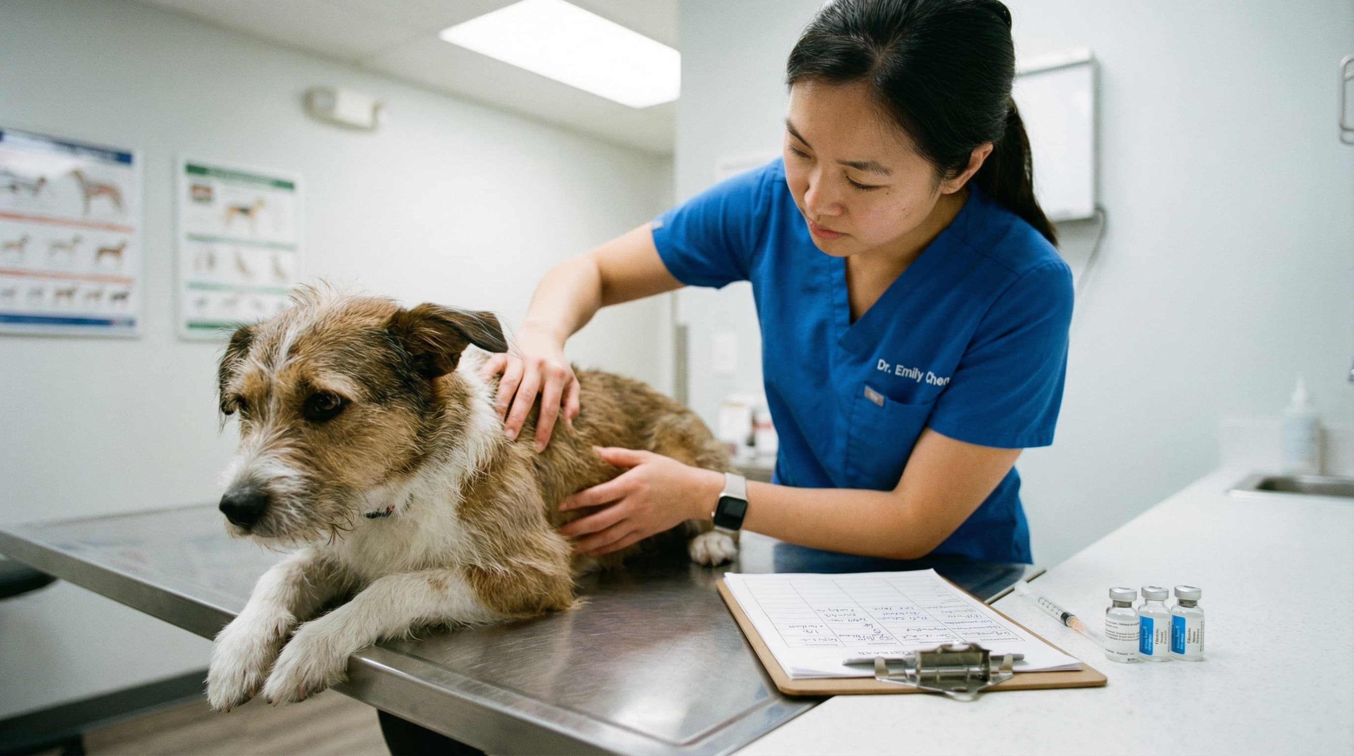 Veterinarian examining mixed-breed dog on exam table with vaccination vials and records beside them