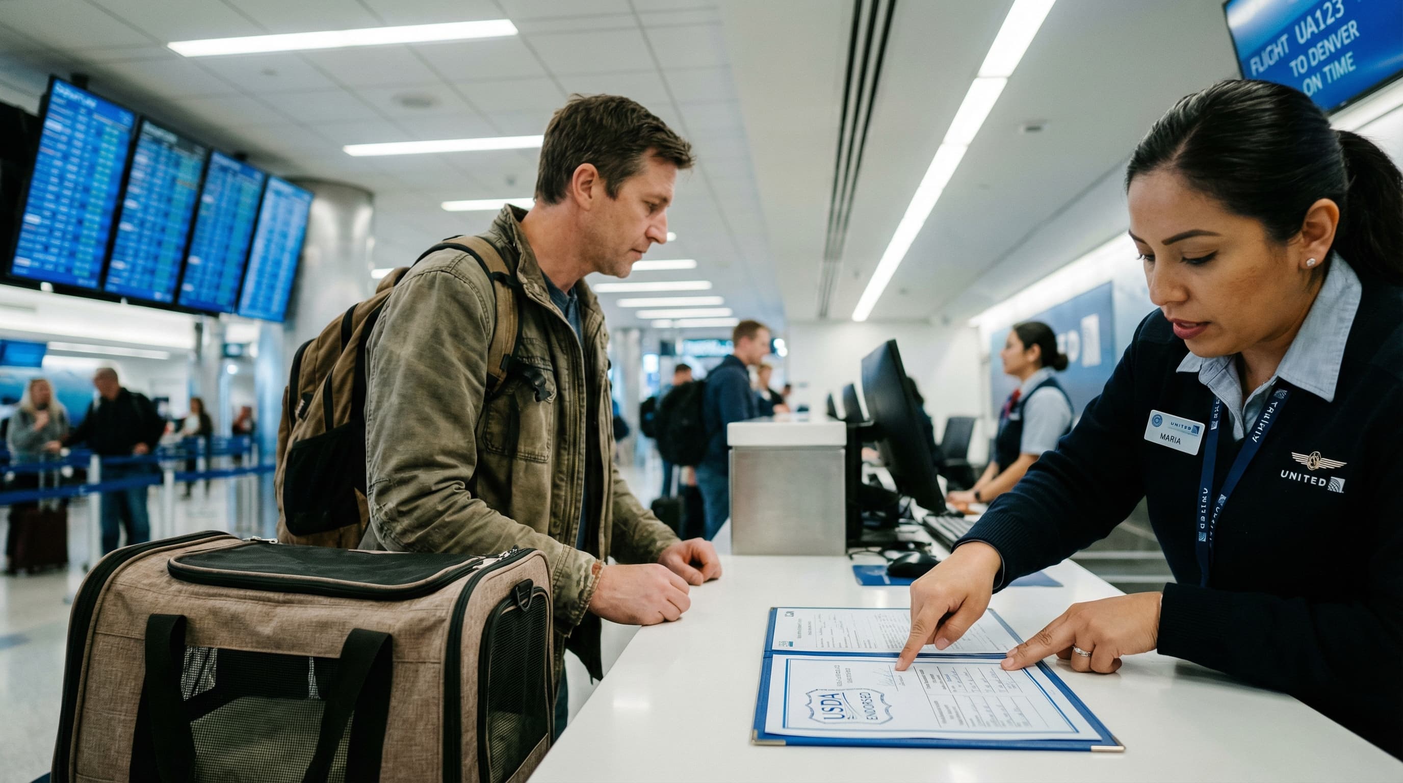 Traveler at airline check-in counter with pet carrier, agent reviewing USDA-endorsed health certificate
