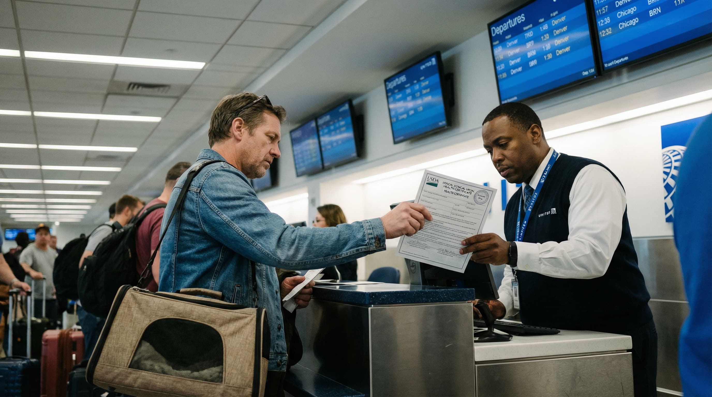 Traveler checking in at a US airport counter with a small dog in a soft-sided carrier, agent reviewing the stamped health certificate, bright modern terminal visible