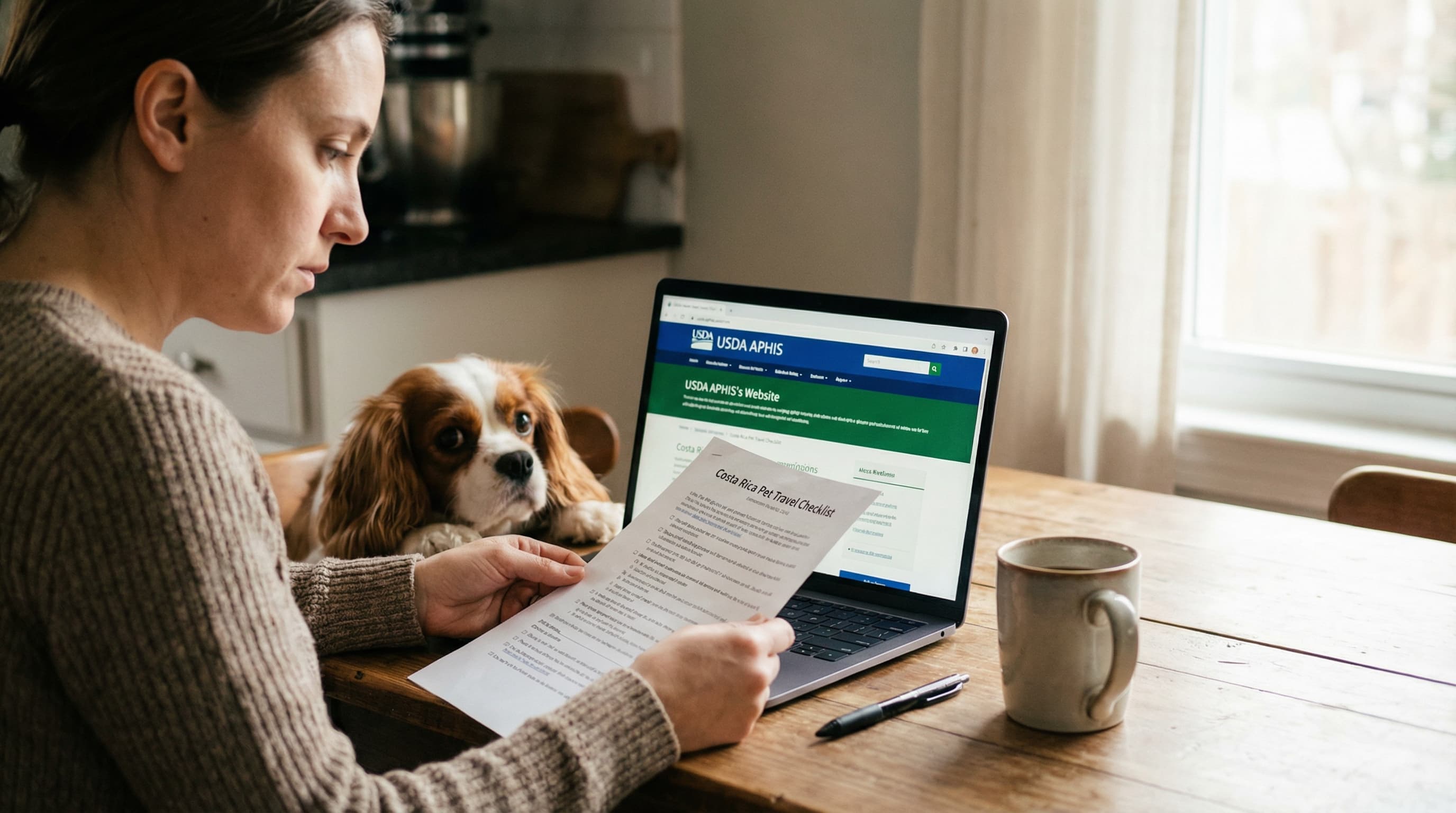 Pet owner at kitchen table with a printed Costa Rica pet travel checklist, laptop open to USDA APHIS website, Cavalier King Charles Spaniel resting beside them