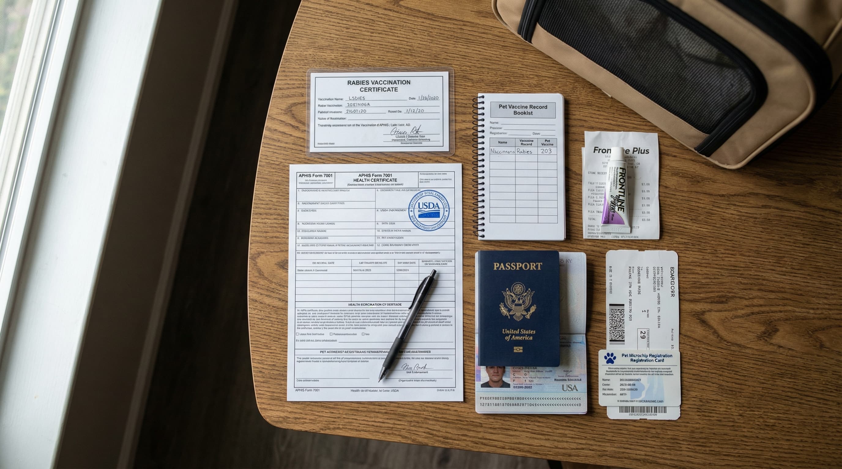 Flat lay of pet travel documents: APHIS health certificate with USDA stamp, rabies certificate, vaccine records, passport, and boarding pass