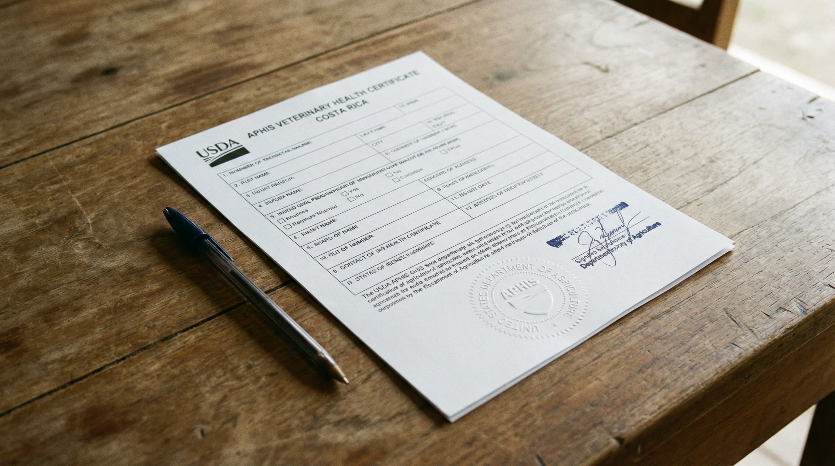 Close-up of a USDA APHIS-endorsed health certificate for Costa Rica with official embossed seal on a desk, pen beside it