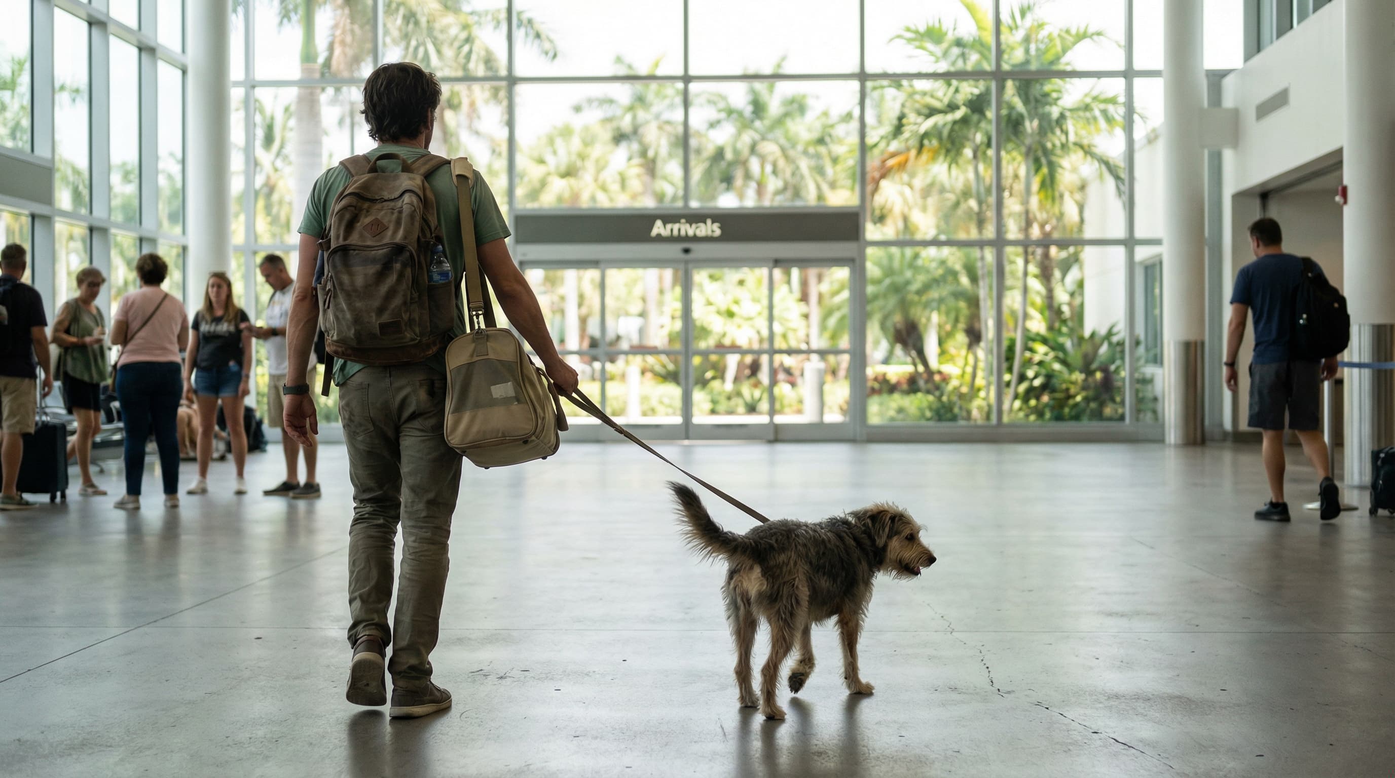 Traveler arriving at Juan Santamaría International Airport in San José with a medium-sized dog on a leash and soft-sided pet carrier, tropical greenery visible through glass doors