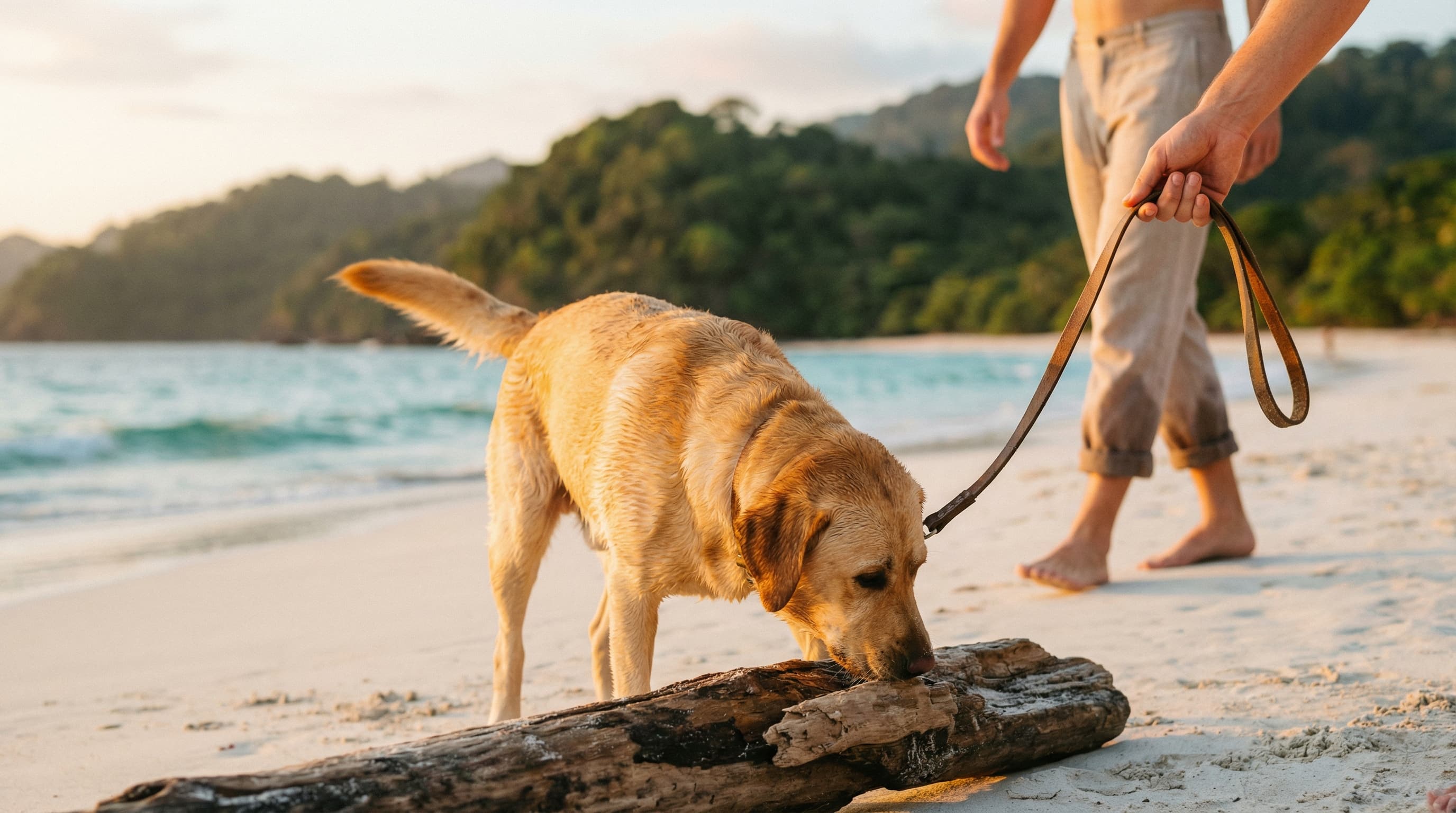 Labrador retriever exploring pristine Costa Rican beach with owner, turquoise Caribbean waters and rainforest hills in background