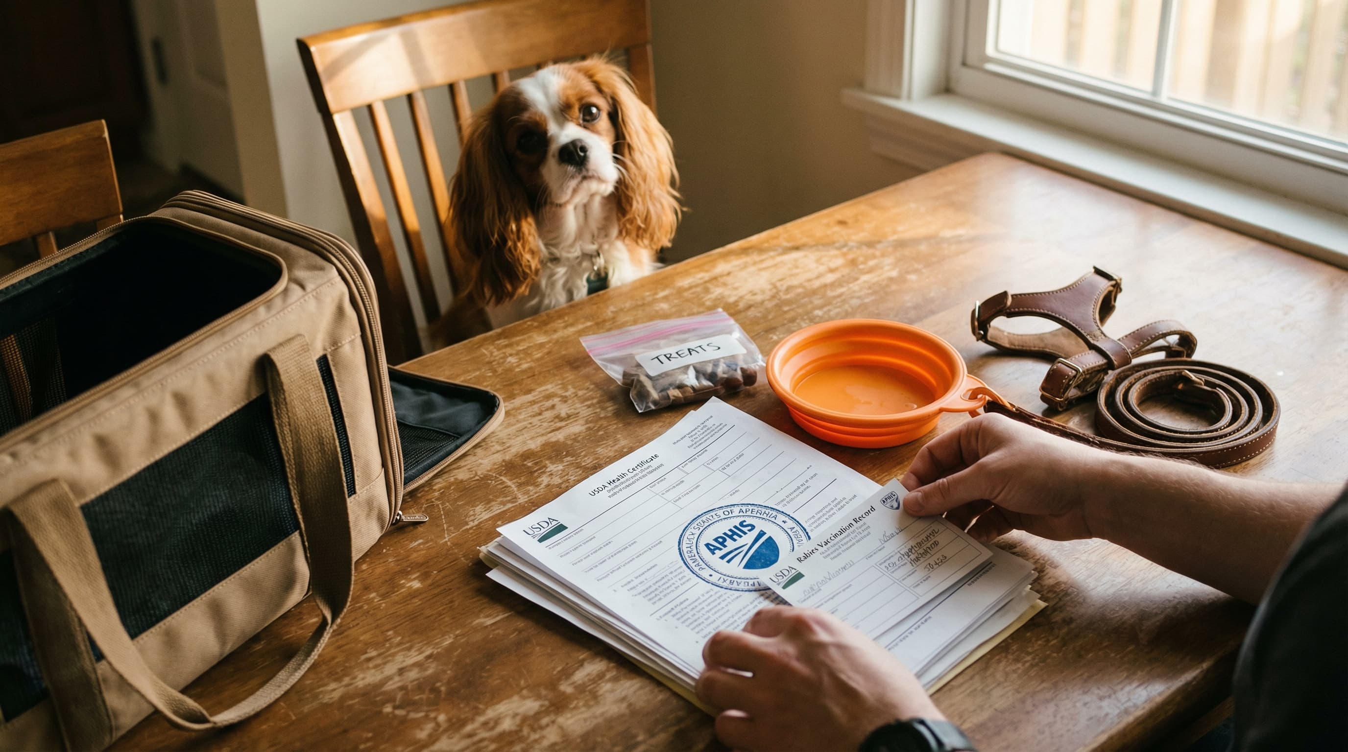 A traveler organizing pet travel documents and supplies on a kitchen table, with a Cavalier King Charles spaniel watching from a nearby chair