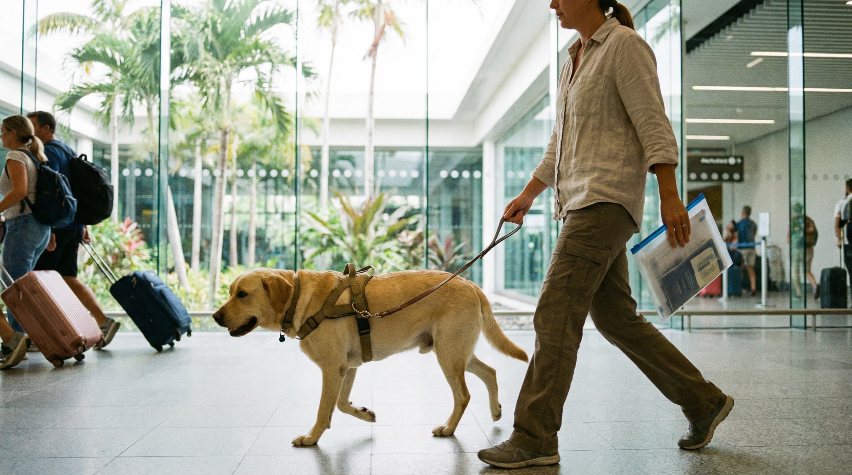 A yellow Labrador retriever walking beside its owner through a tropical airport arrivals hall, heading toward customs
