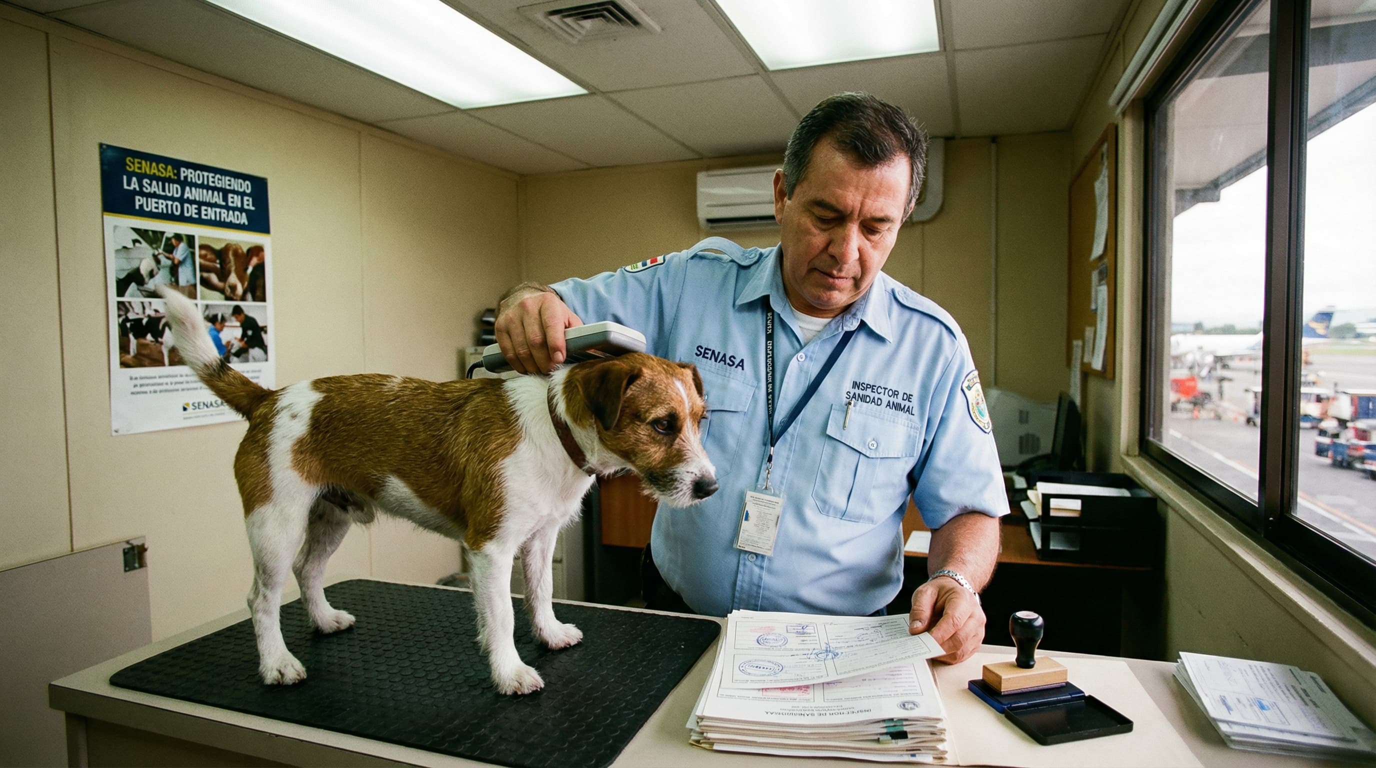 SENASA inspector scanning a dog's microchip while reviewing stamped health certificates at the airport inspection office