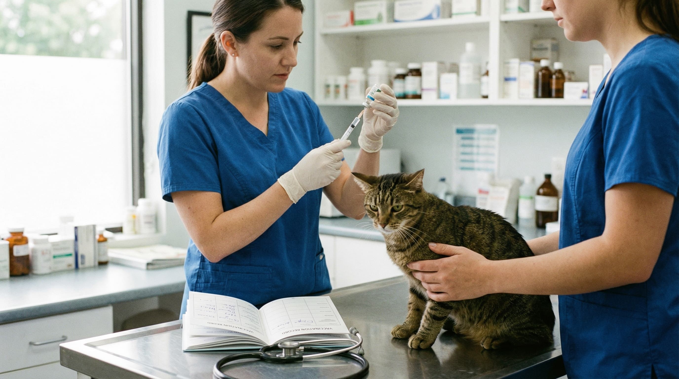 A veterinarian preparing a rabies booster for a tabby cat on an exam table, with a vaccination record booklet open beside the cat