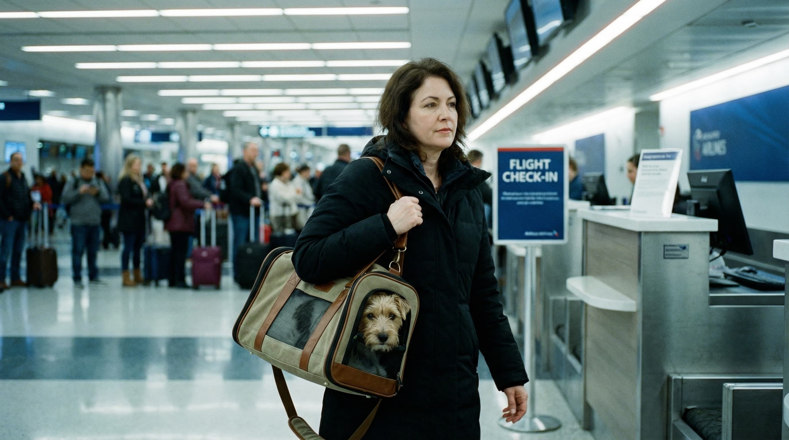 Traveler carrying soft-sided pet carrier with terrier through airport terminal