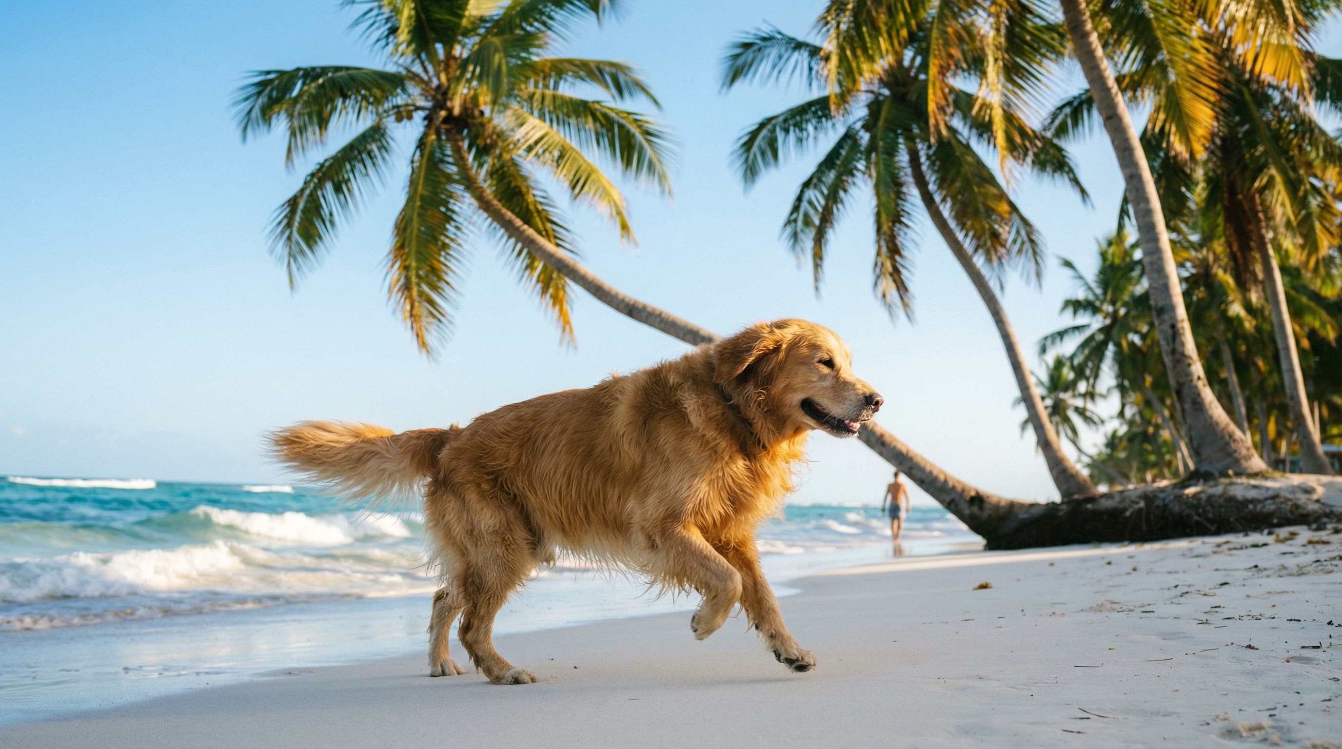 Golden retriever running along white sand Caribbean beach with coconut palms