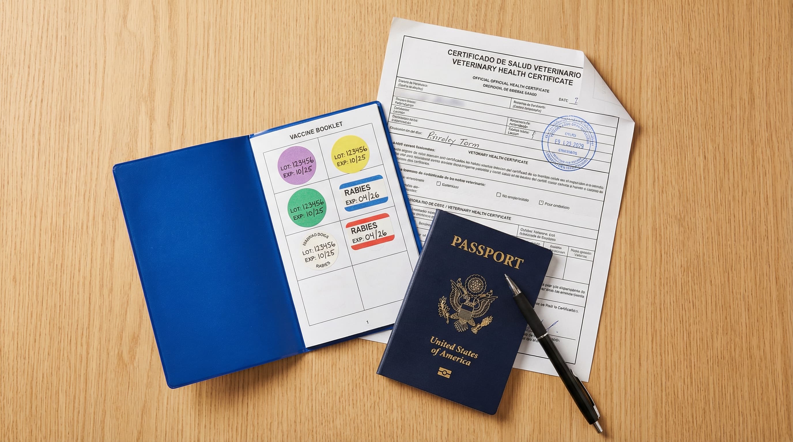 Overhead flat lay of pet travel documents including health certificate, vaccine booklet, and US passport