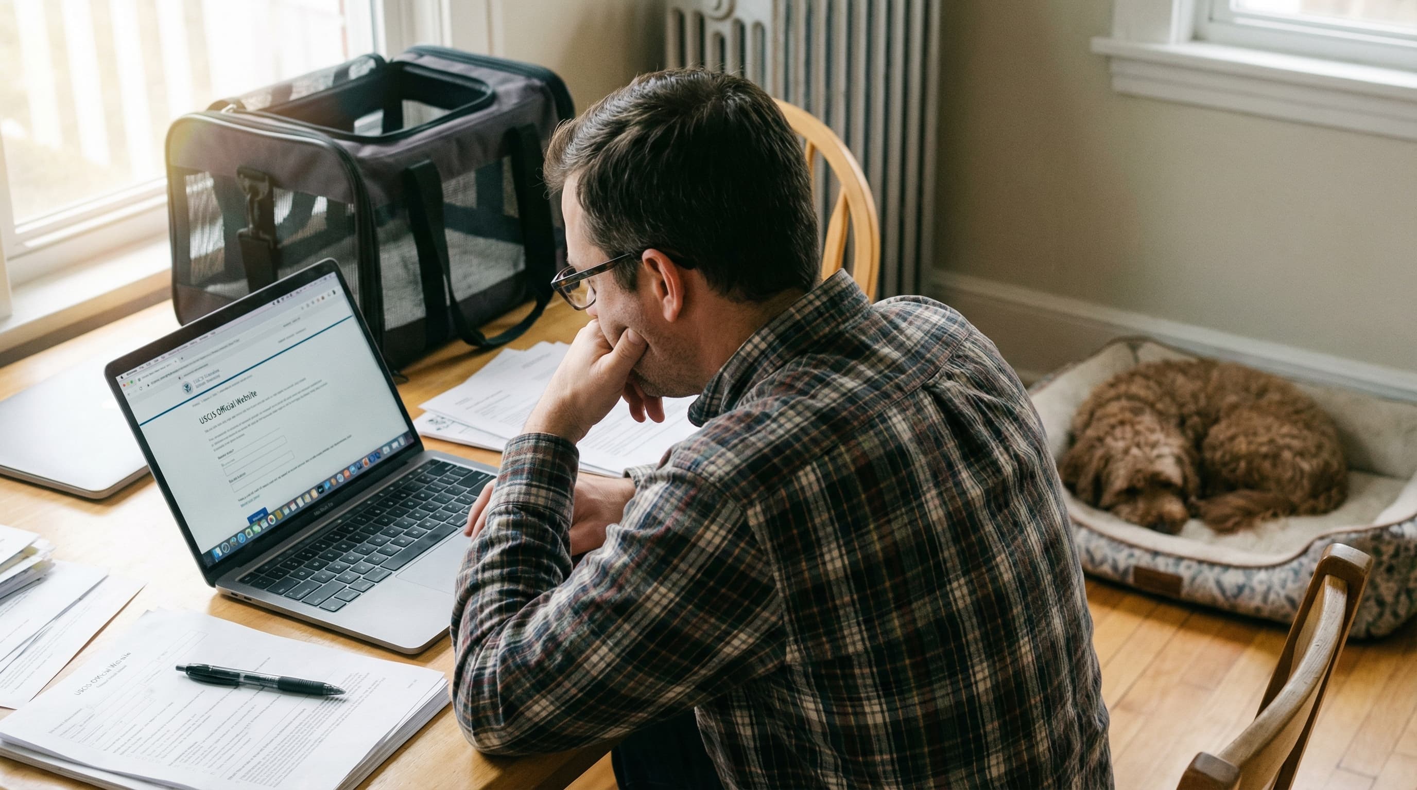 Man completing CDC Dog Import Form on laptop with small dog sleeping in background