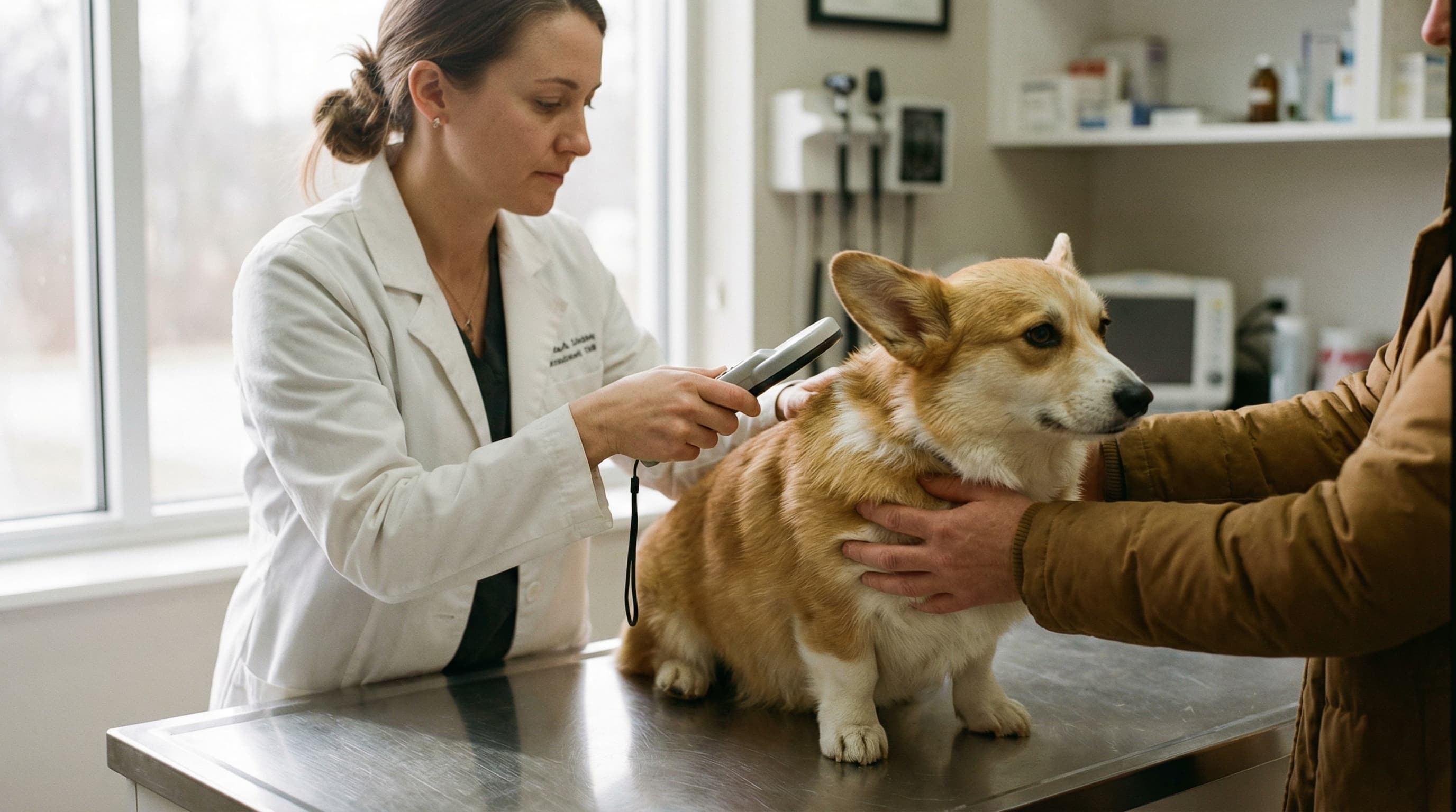 Veterinarian scanning microchip on corgi at stainless steel exam table