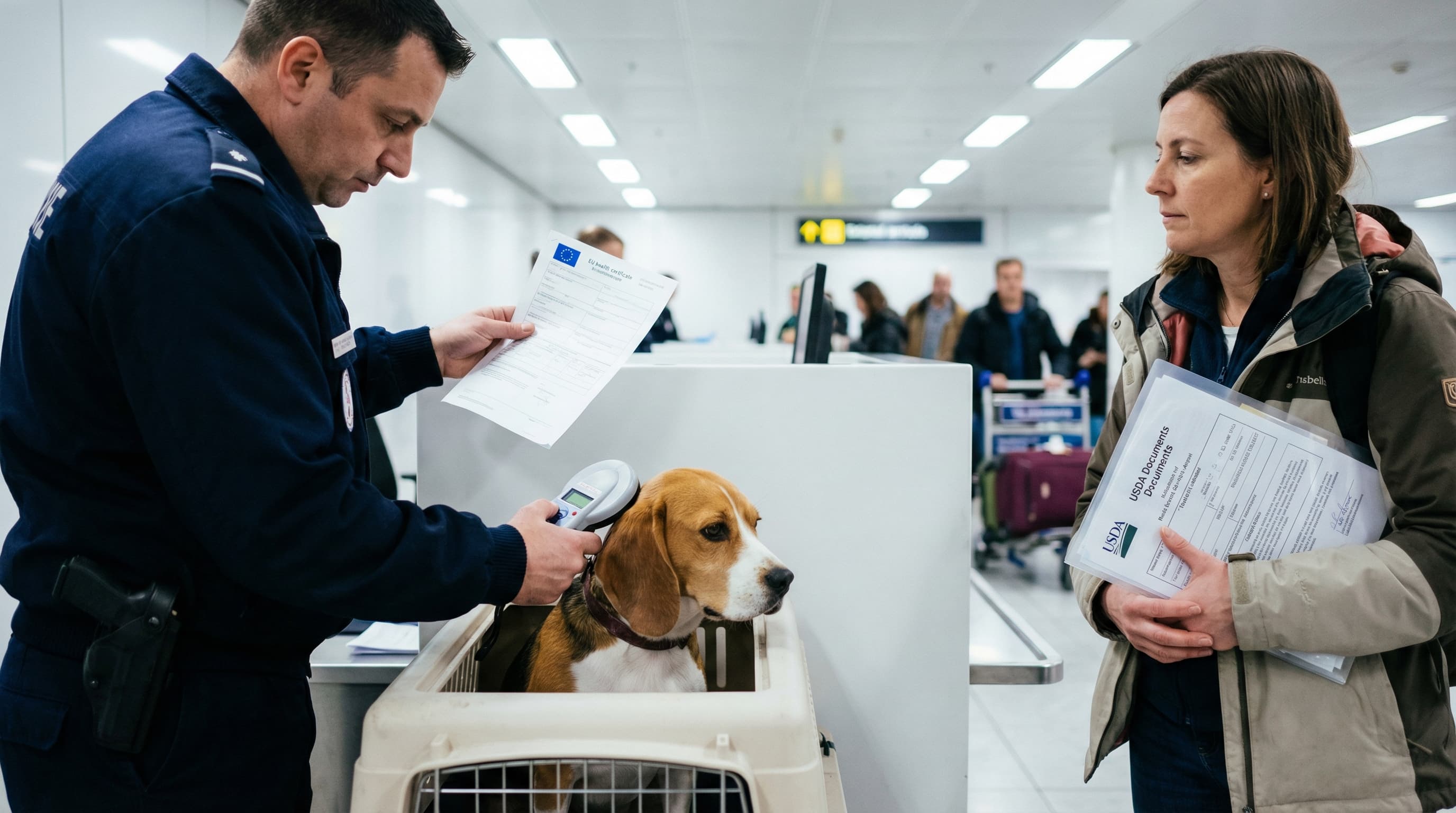 Border inspection officer at Paris CDG Airport scanning beagle's microchip while reviewing EU health certificate