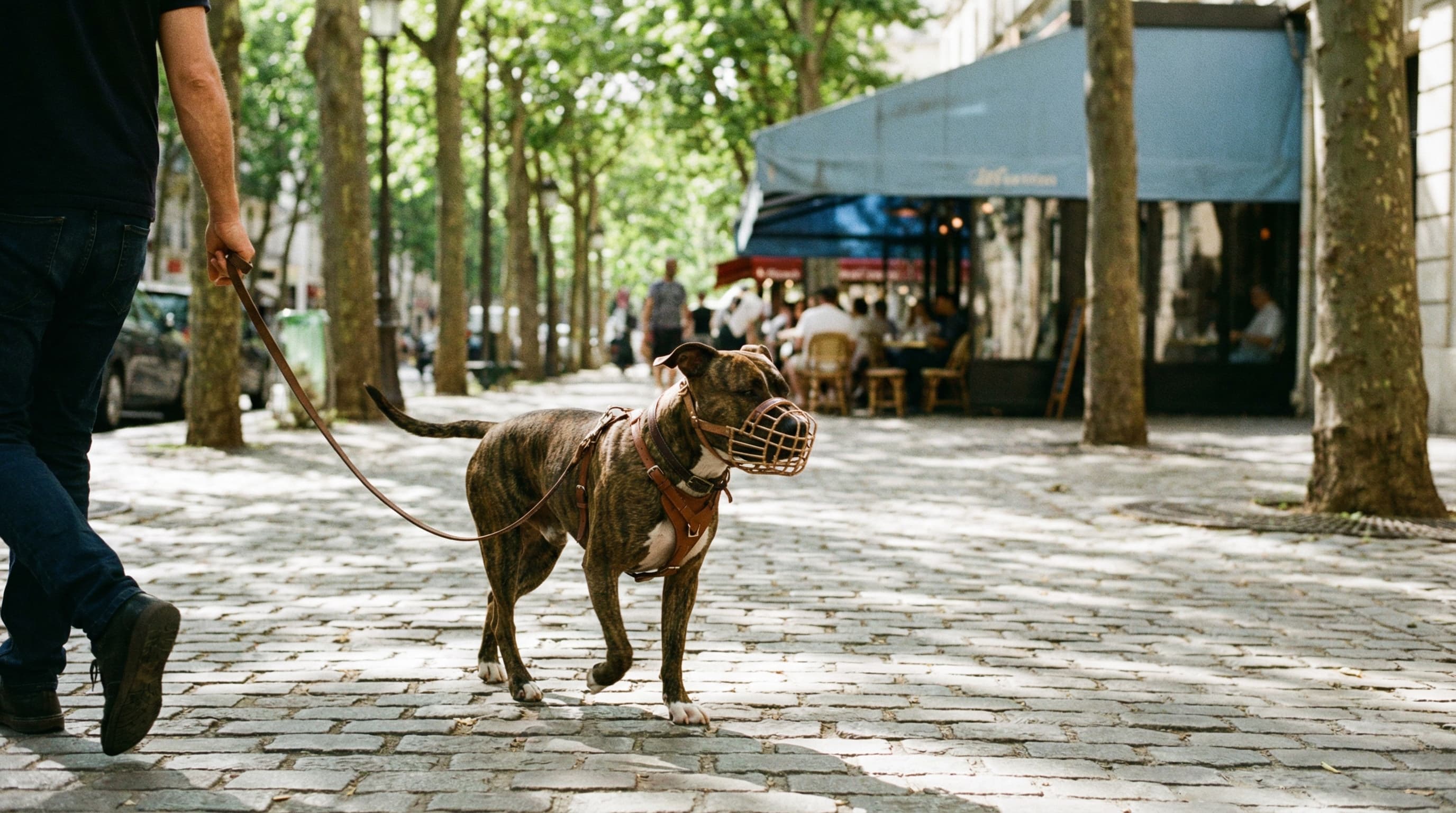American Staffordshire Terrier wearing basket muzzle walks on leash through tree-lined Parisian street