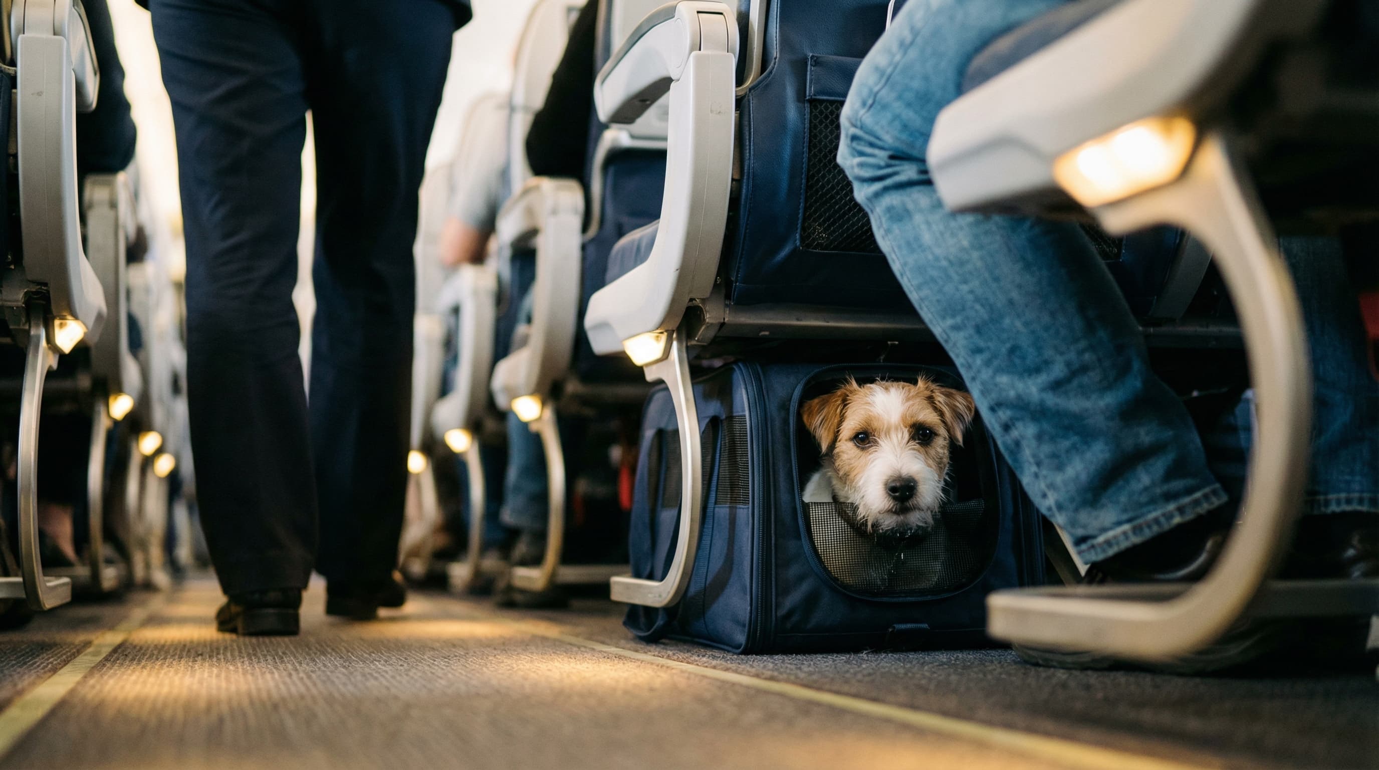 Jack Russell Terrier peering out from soft-sided carrier under airplane seat on transatlantic flight to France