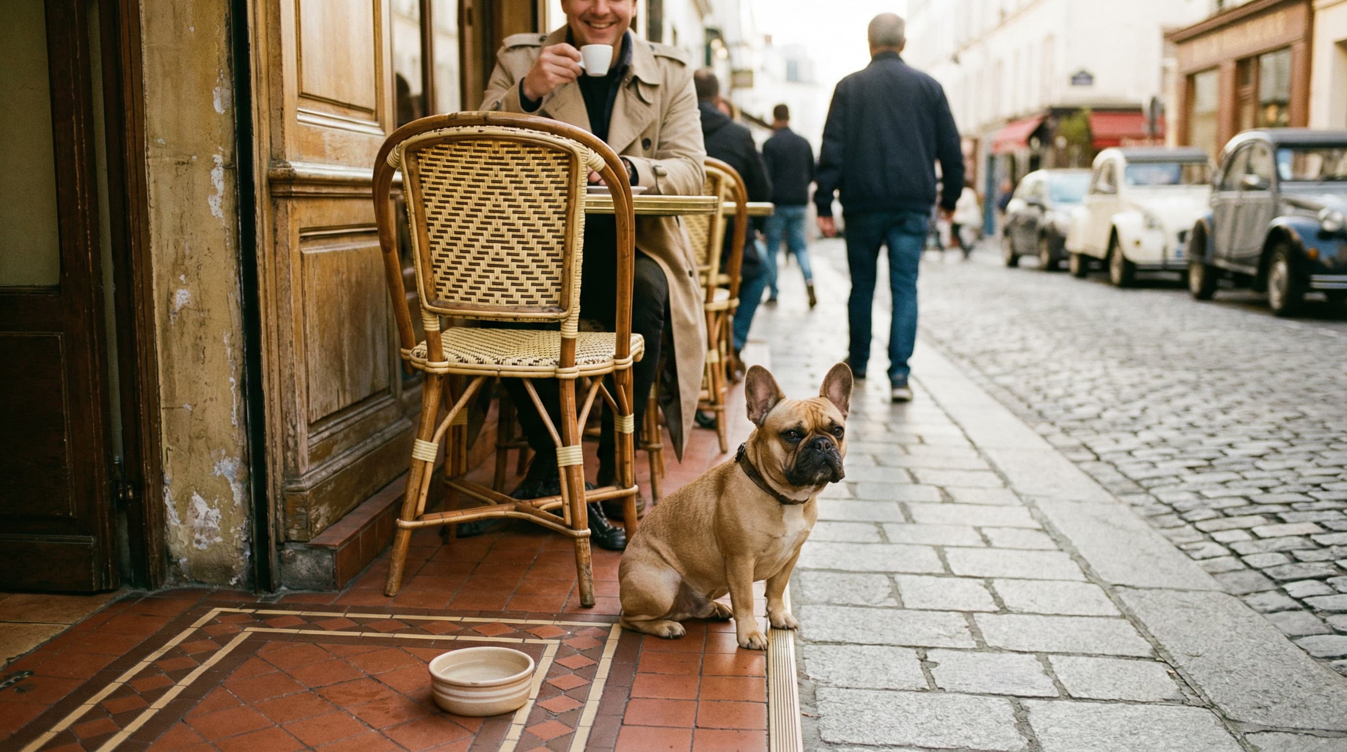 French Bulldog sitting at sidewalk cafe in Montmartre, Paris with owner enjoying espresso