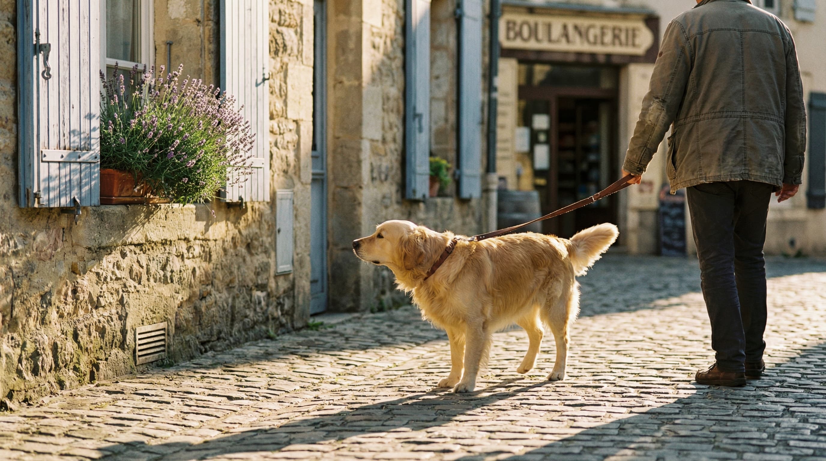 A golden retriever walking alongside its owner on a cobblestone street in a French village with blue shutters and lavender flower boxes