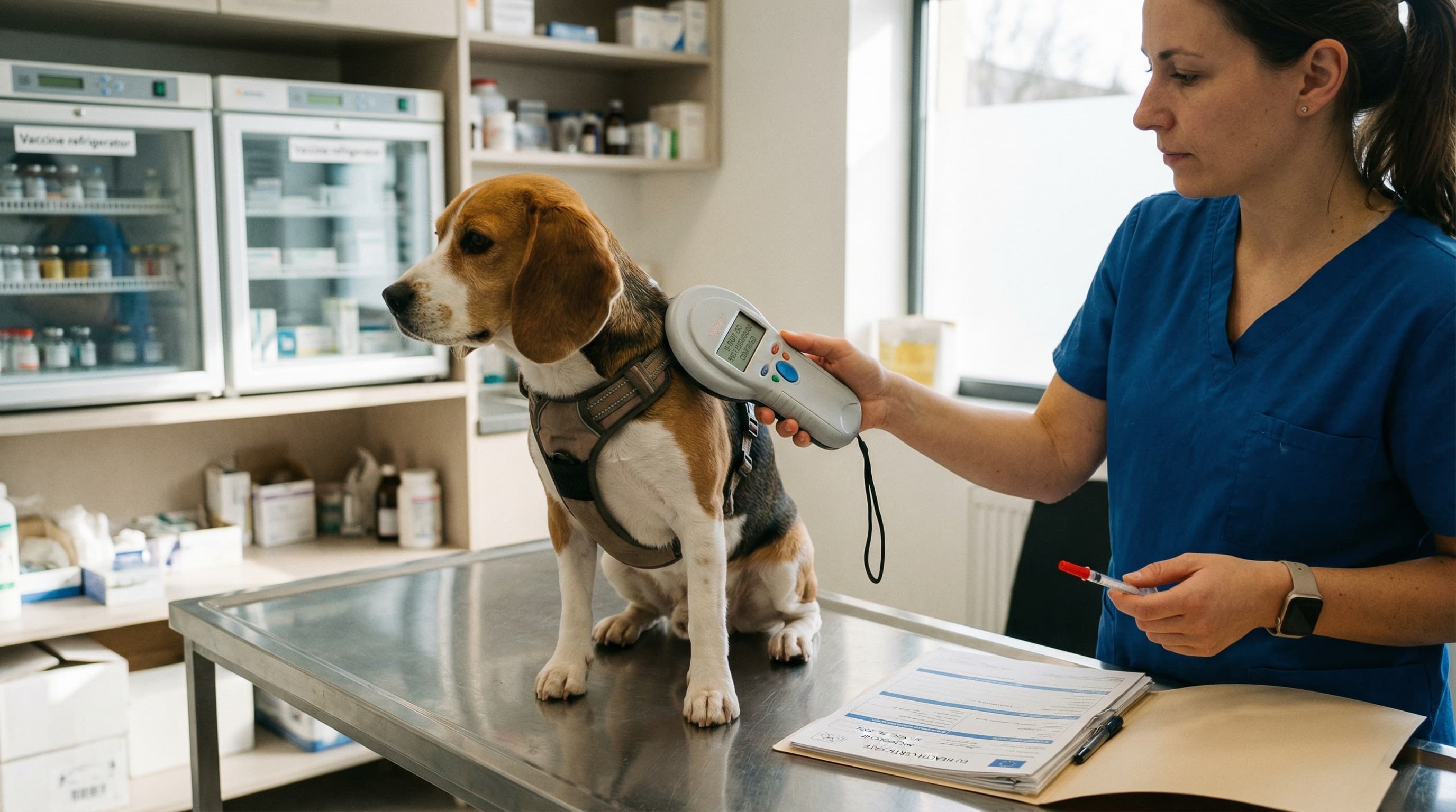 Veterinarian scanning beagle's ISO microchip before administering rabies vaccine for France travel