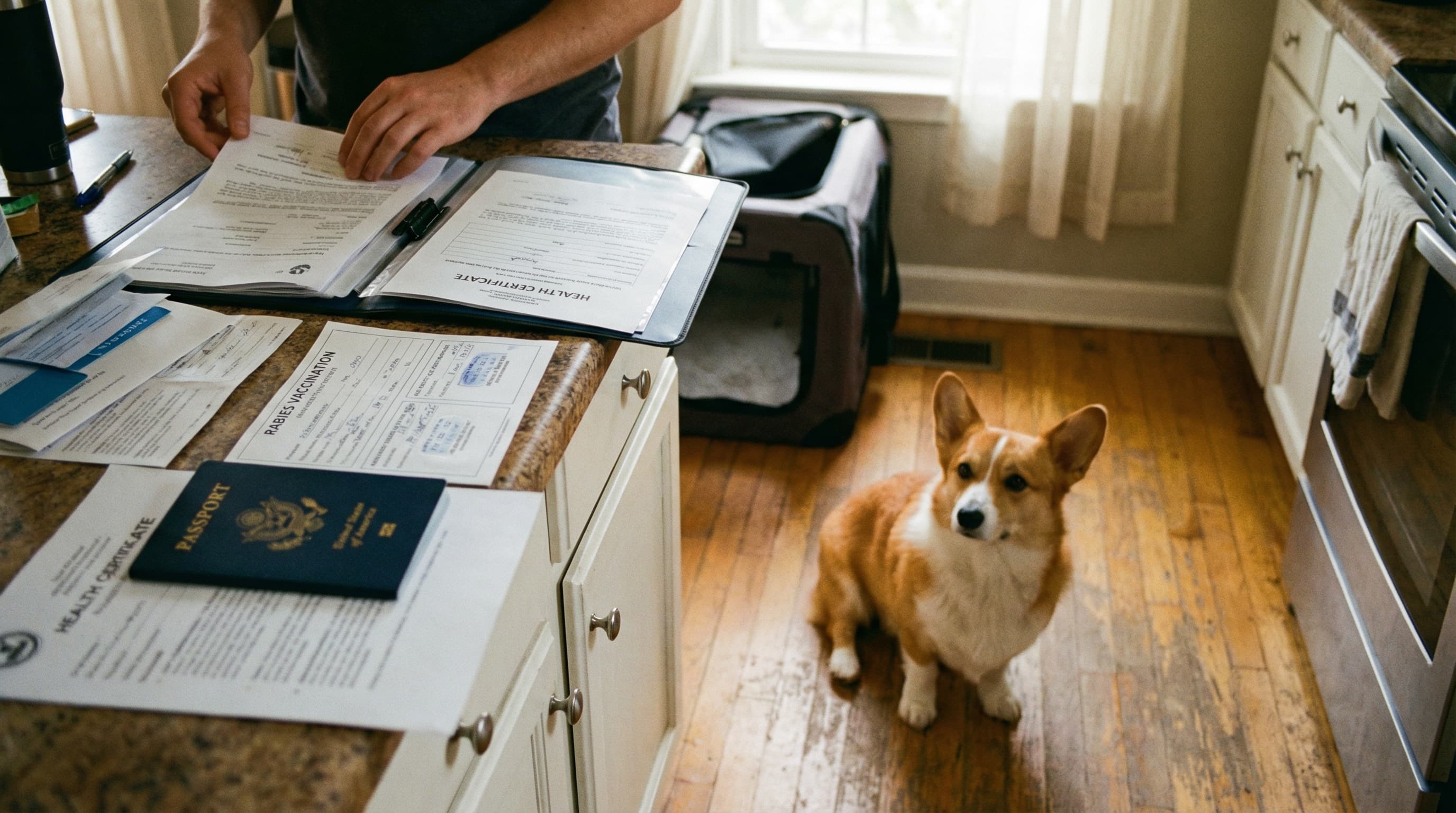 A corgi sitting on a kitchen floor while its owner organizes travel documents, health certificate, and rabies records on the counter, with a soft-sided carrier in the background