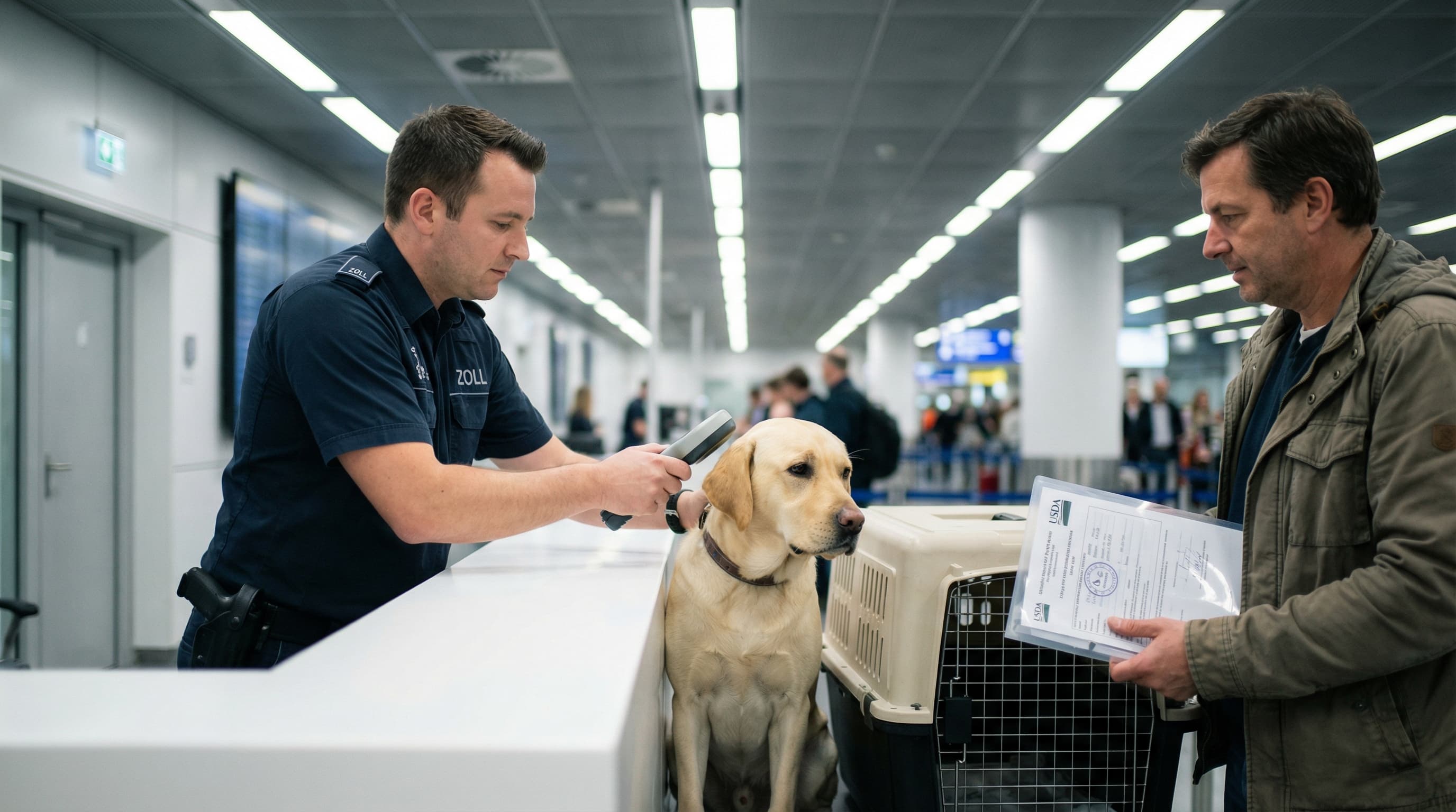 Customs officer at Frankfurt Airport scanning Labrador's microchip while reviewing EU health certificate