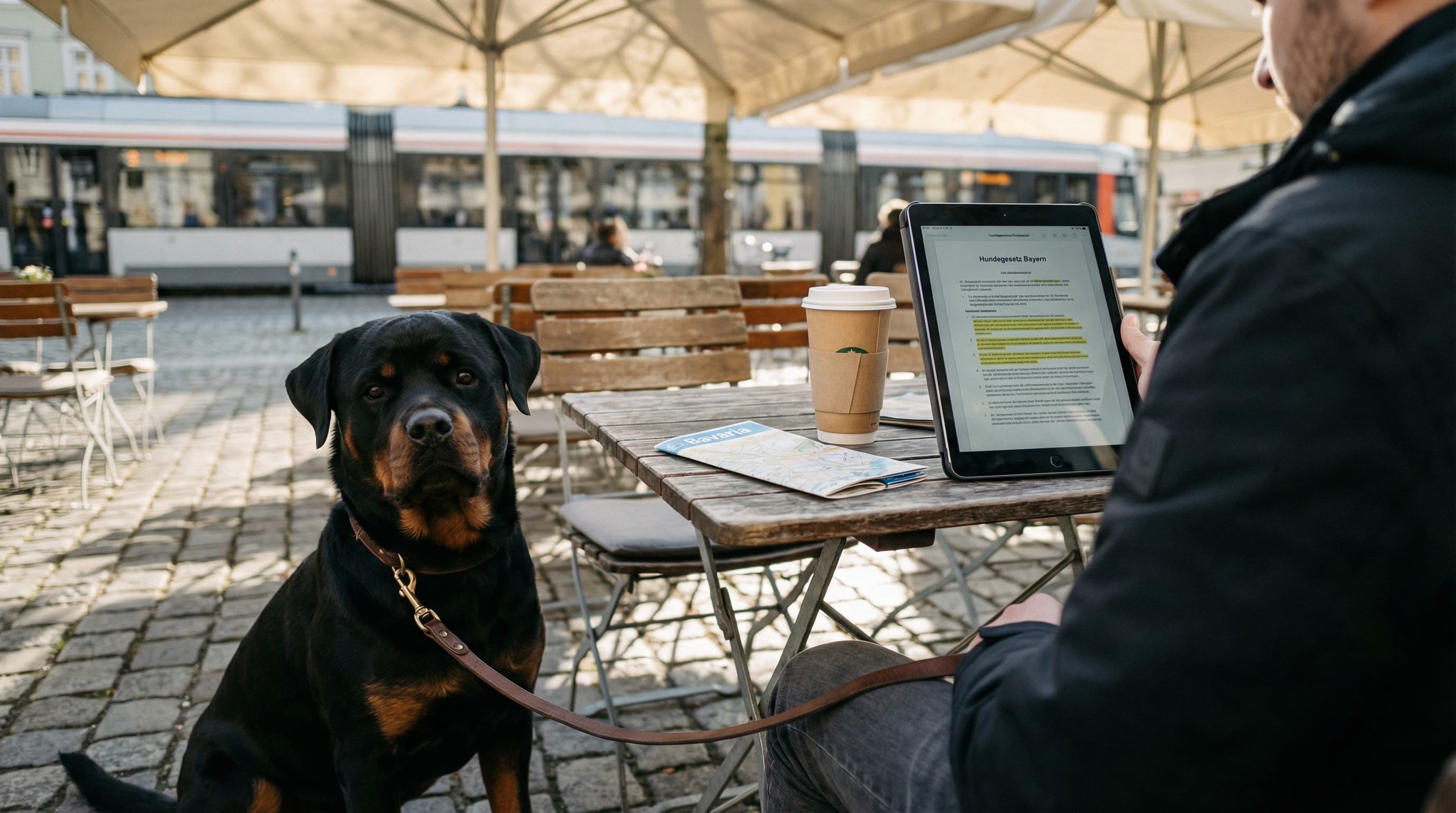 Rottweiler on leash with owner reviewing printed German state breed requirements at outdoor cafe