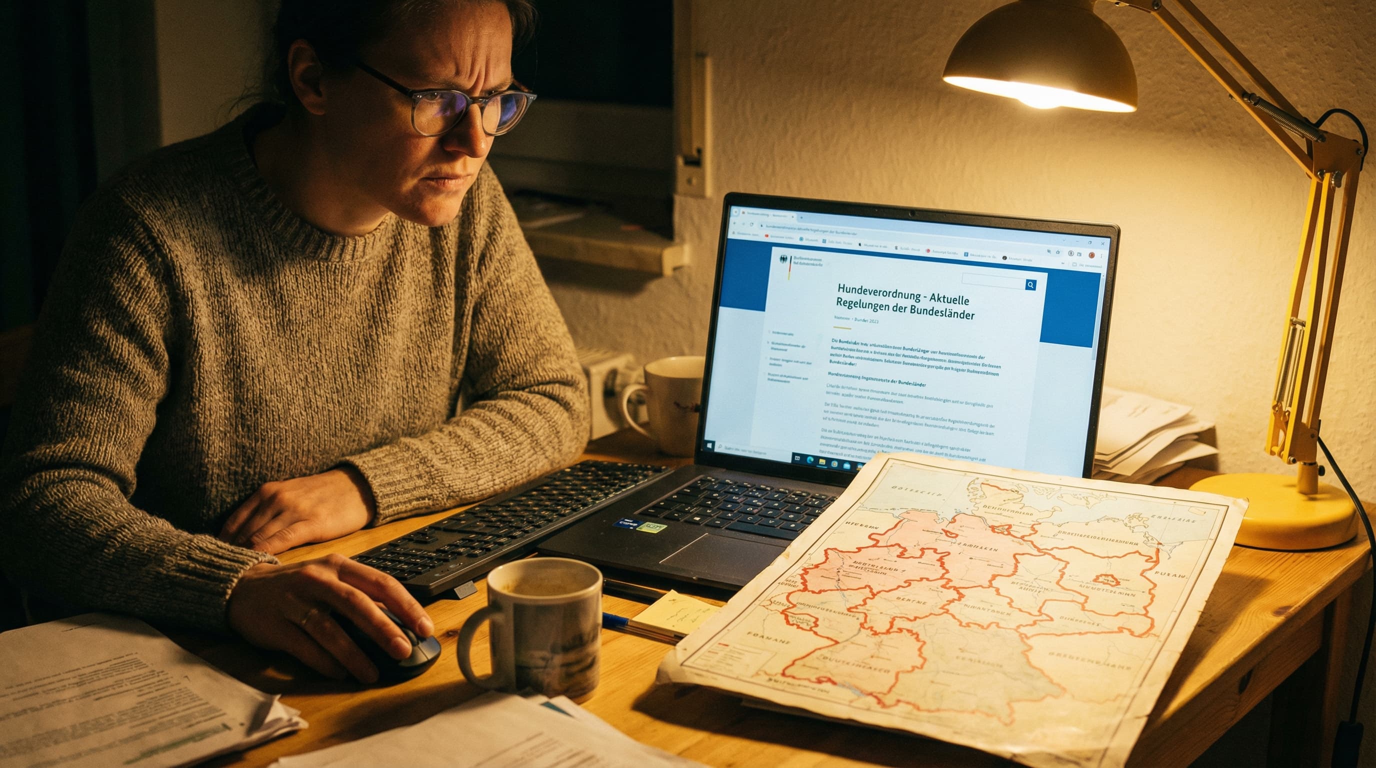 Pet owner at home desk researching German state breed restrictions on laptop, printed Bundesland map beside keyboard