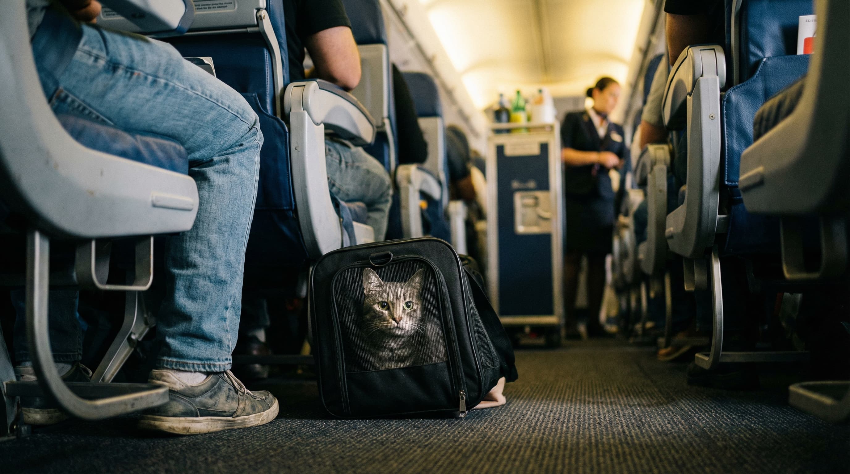 Cat in soft-sided carrier under airplane seat on Lufthansa transatlantic flight