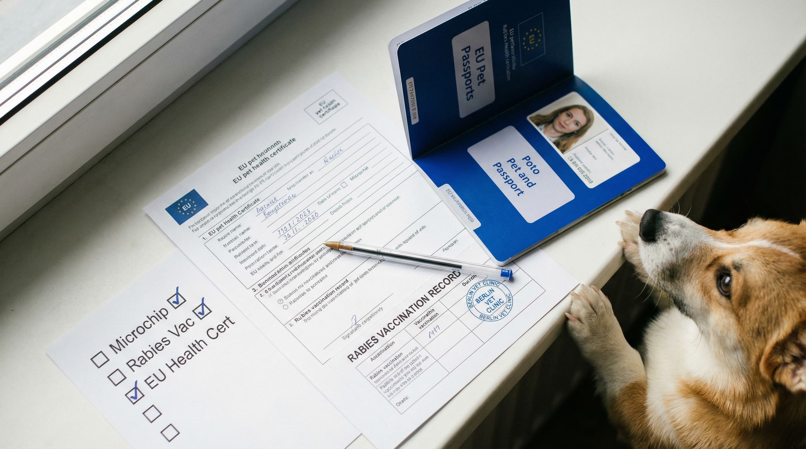 Owner checking pet documents and passport at home desk before Germany trip, with corgi sitting nearby