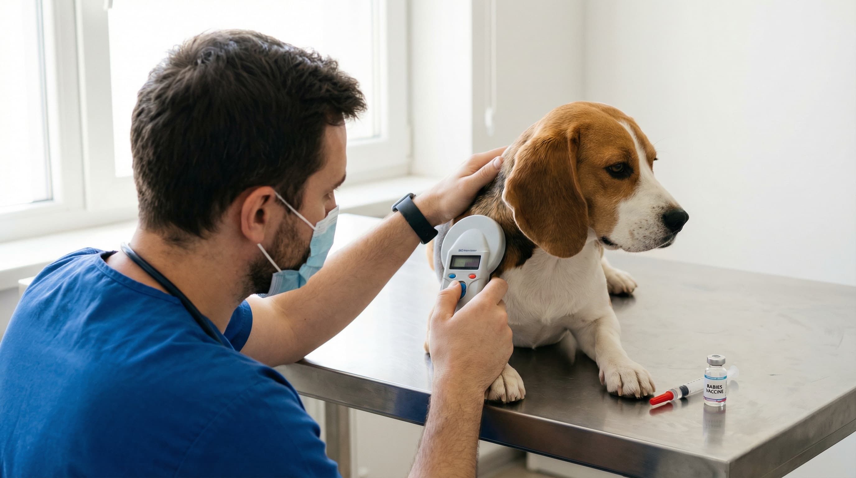 Veterinarian scanning beagle's ISO microchip before administering rabies vaccine for Germany travel