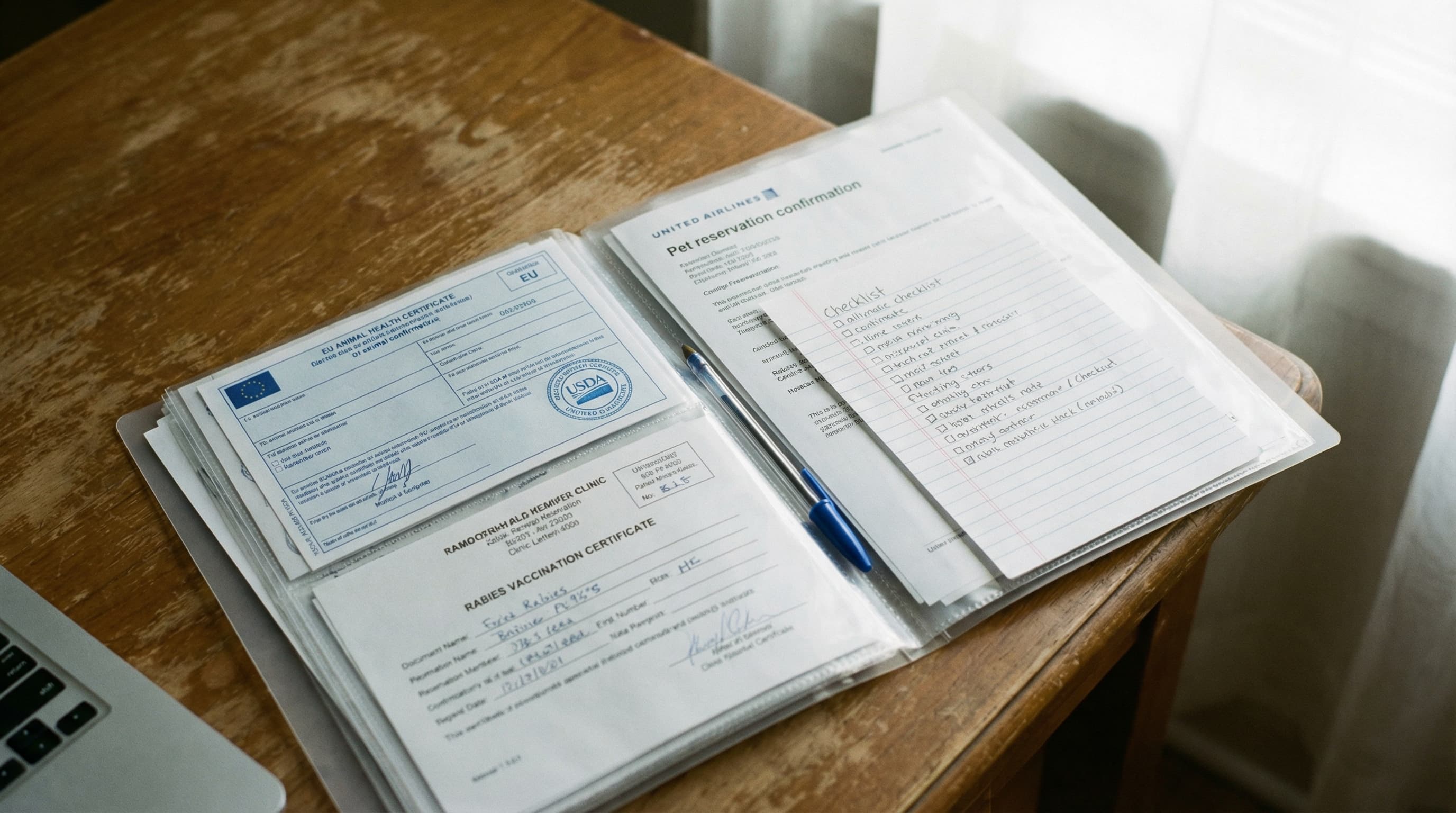 Organized pet travel documents in waterproof folder showing EU health certificate, USDA endorsement, and rabies records