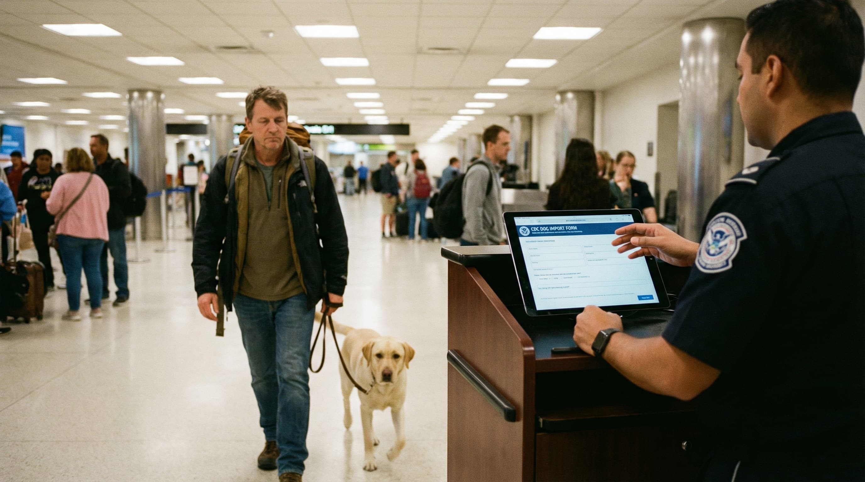 American traveler and their Labrador arriving at US Customs after returning from Germany, agent reviewing CDC import form on tablet