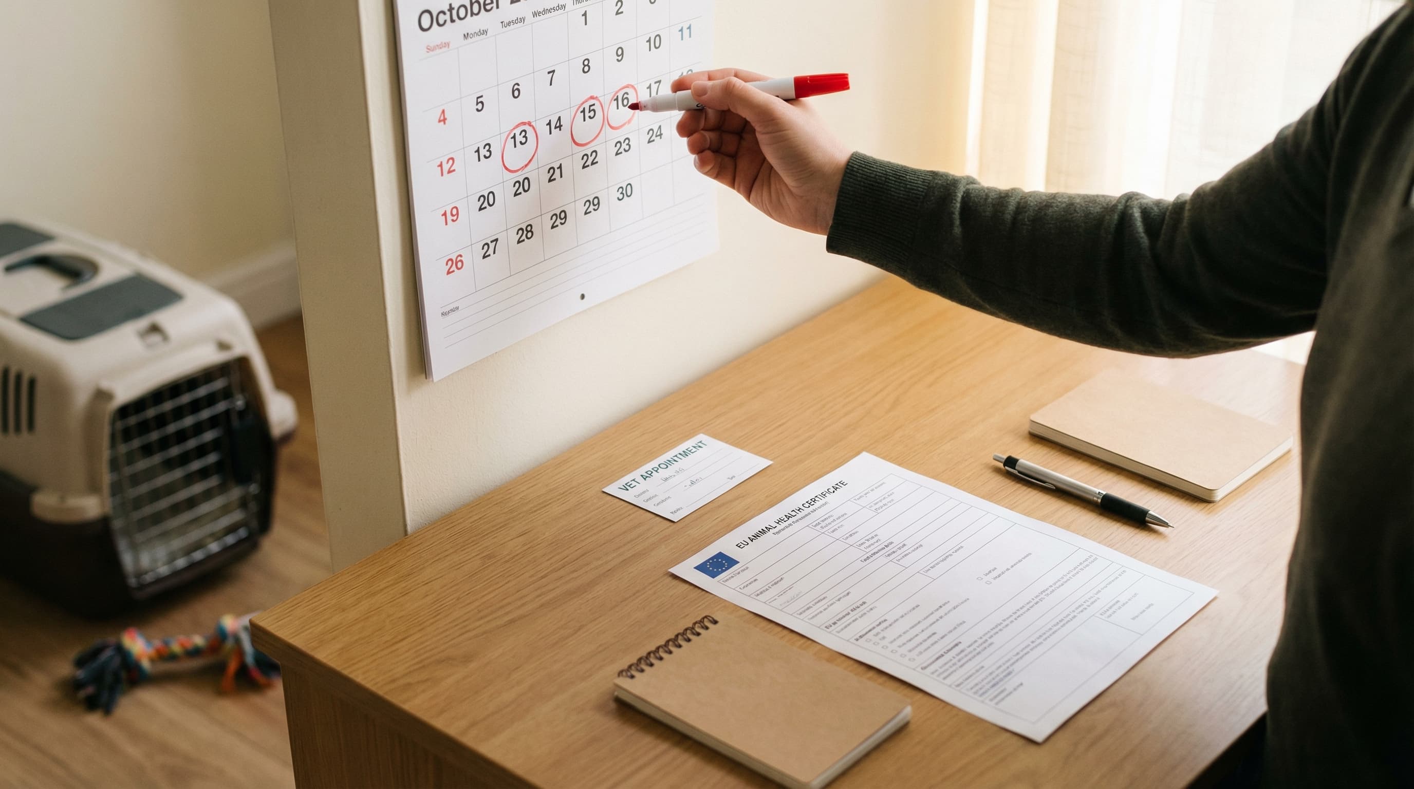 Pet owner reviewing Germany trip timeline on a wall calendar, vet appointment card and EU health certificate on the desk below