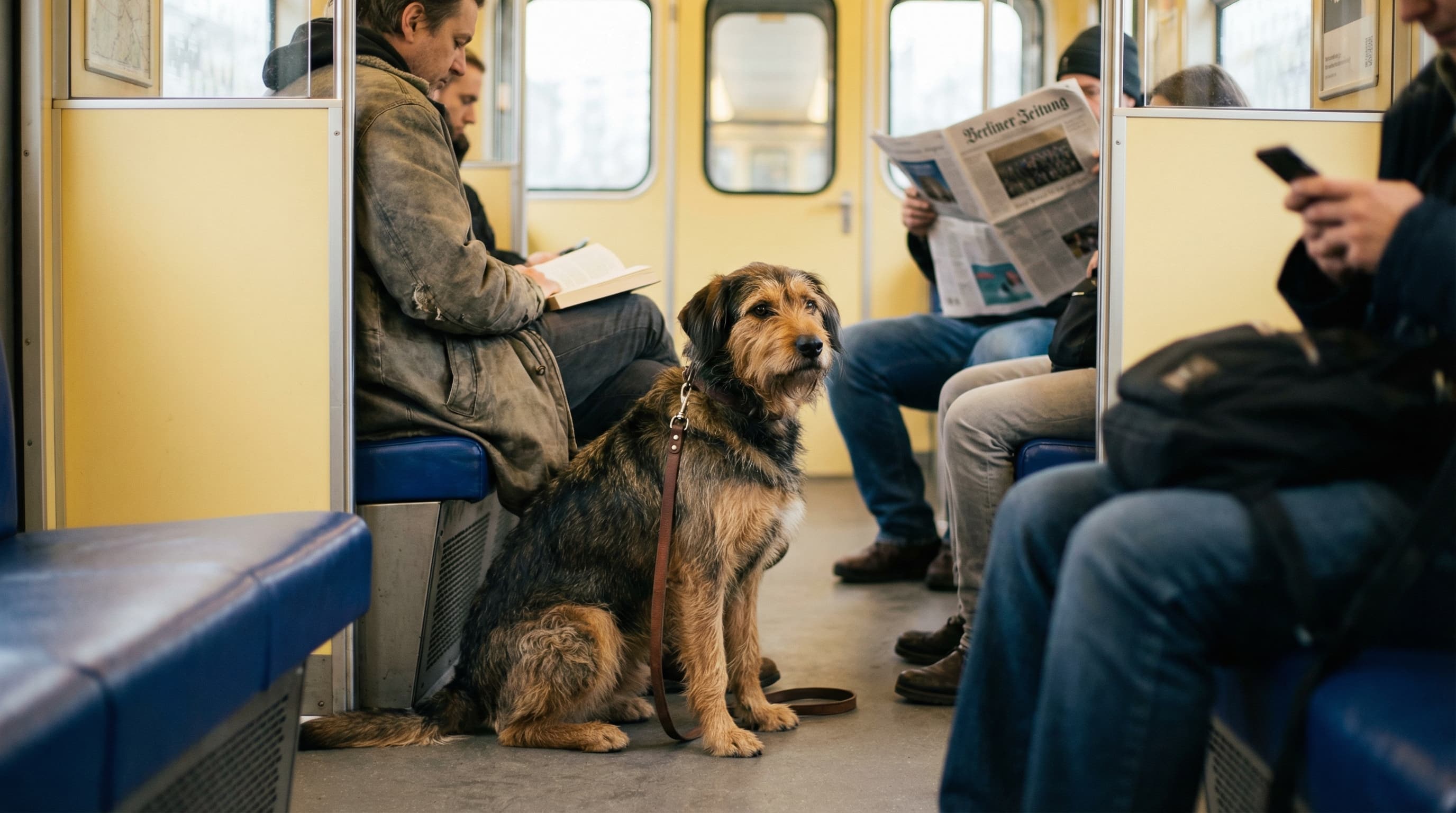 Dog sitting calmly beside owner on Berlin U-Bahn subway train with other passengers