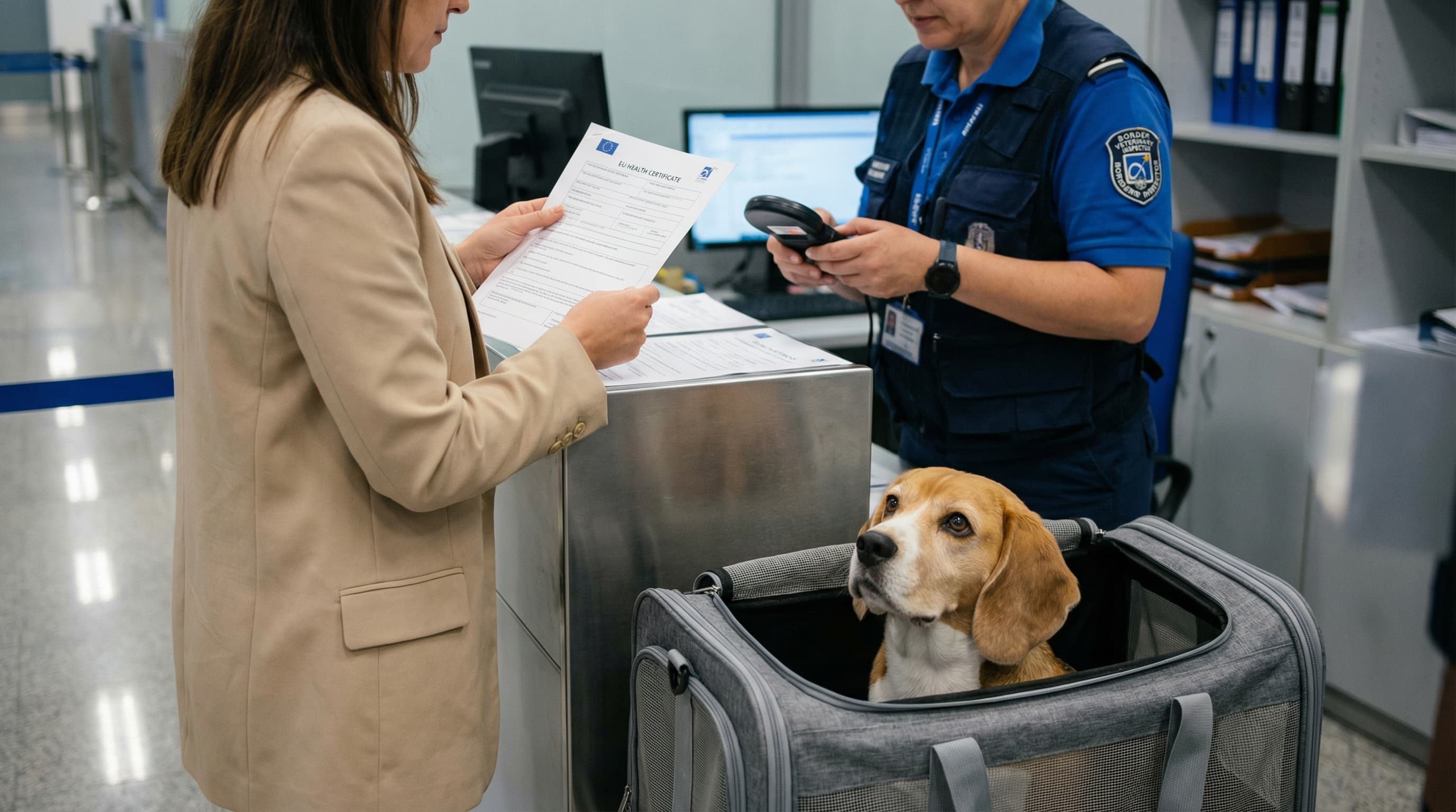 Traveler presenting EU health certificate at Athens Airport Border Inspection Post