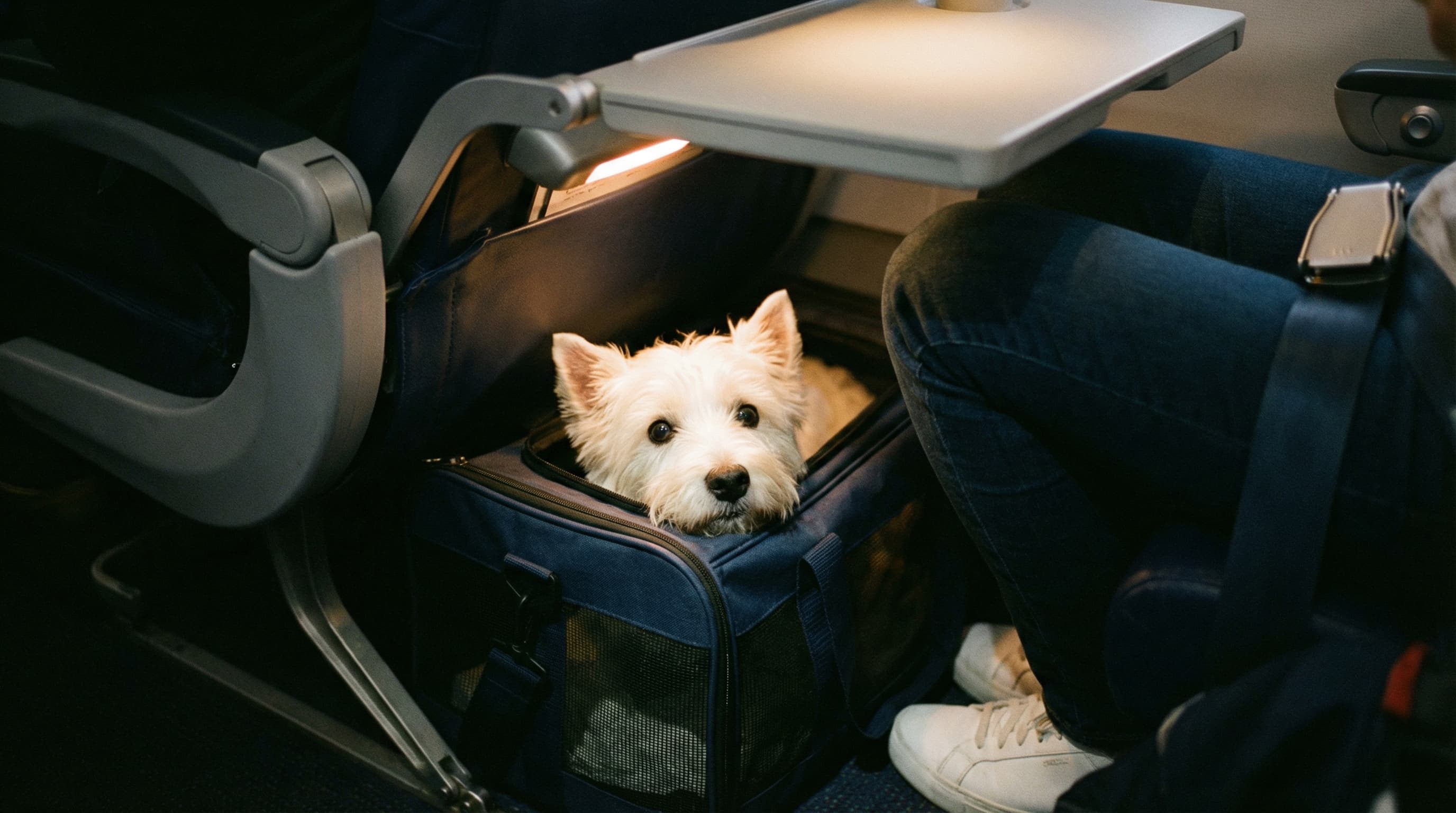 Small dog in a soft-sided carrier tucked under an airplane seat on an international flight