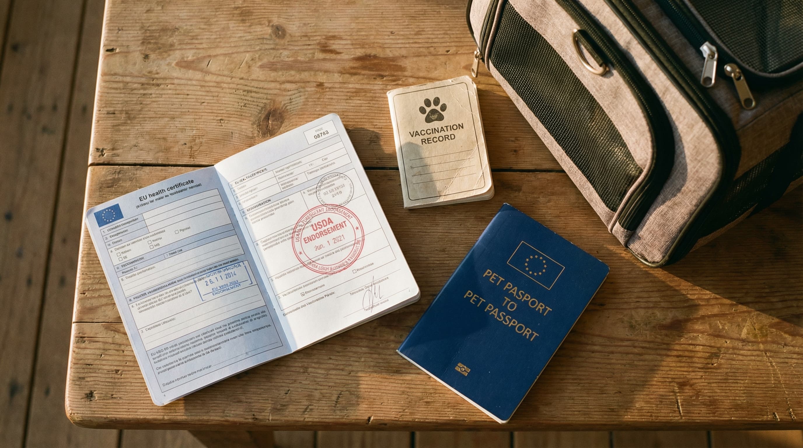 Pet travel documents — EU health certificate with USDA endorsement stamp, vaccination records, and a passport — spread on a wooden table next to a soft-sided carrier