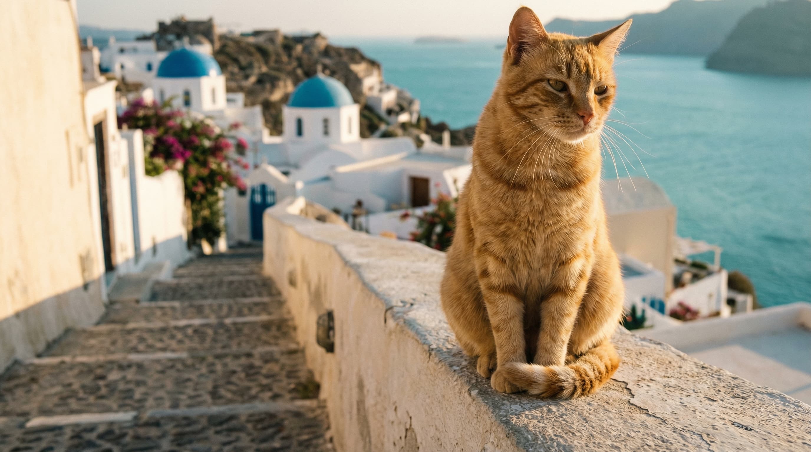 Ginger tabby cat on a sun-bleached stone wall overlooking white Cycladic houses on a Greek island