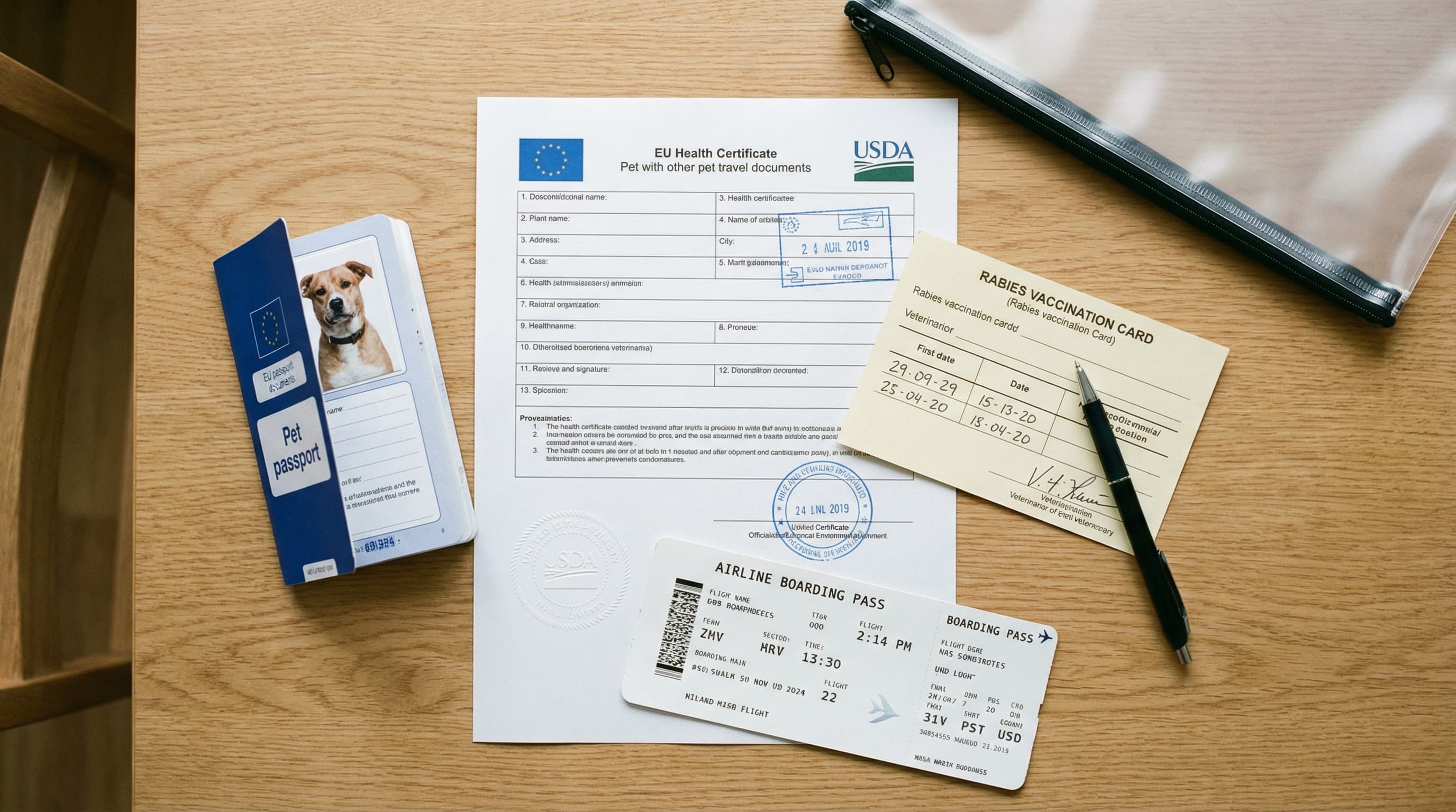 Neatly organized pet travel documents including EU health certificate and vaccination records in a clear waterproof folder