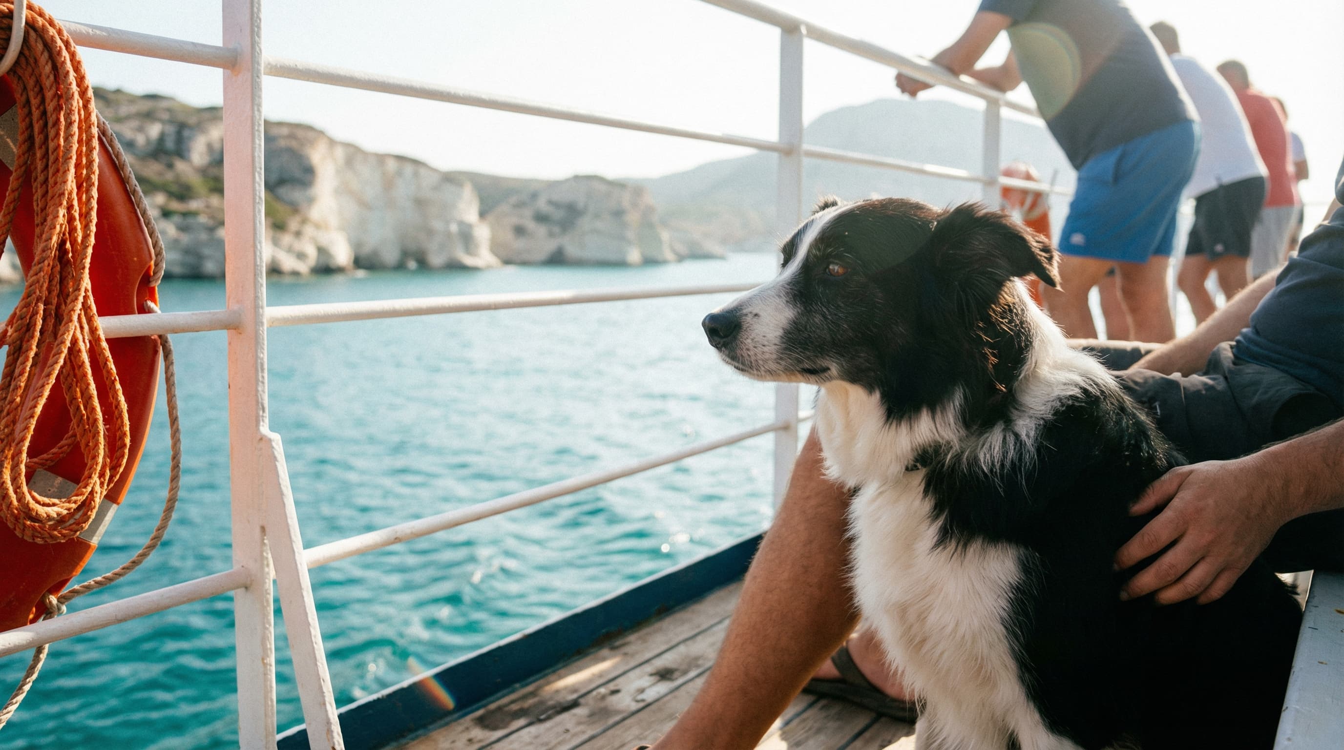 Dog on Greek ferry deck traveling between Aegean islands