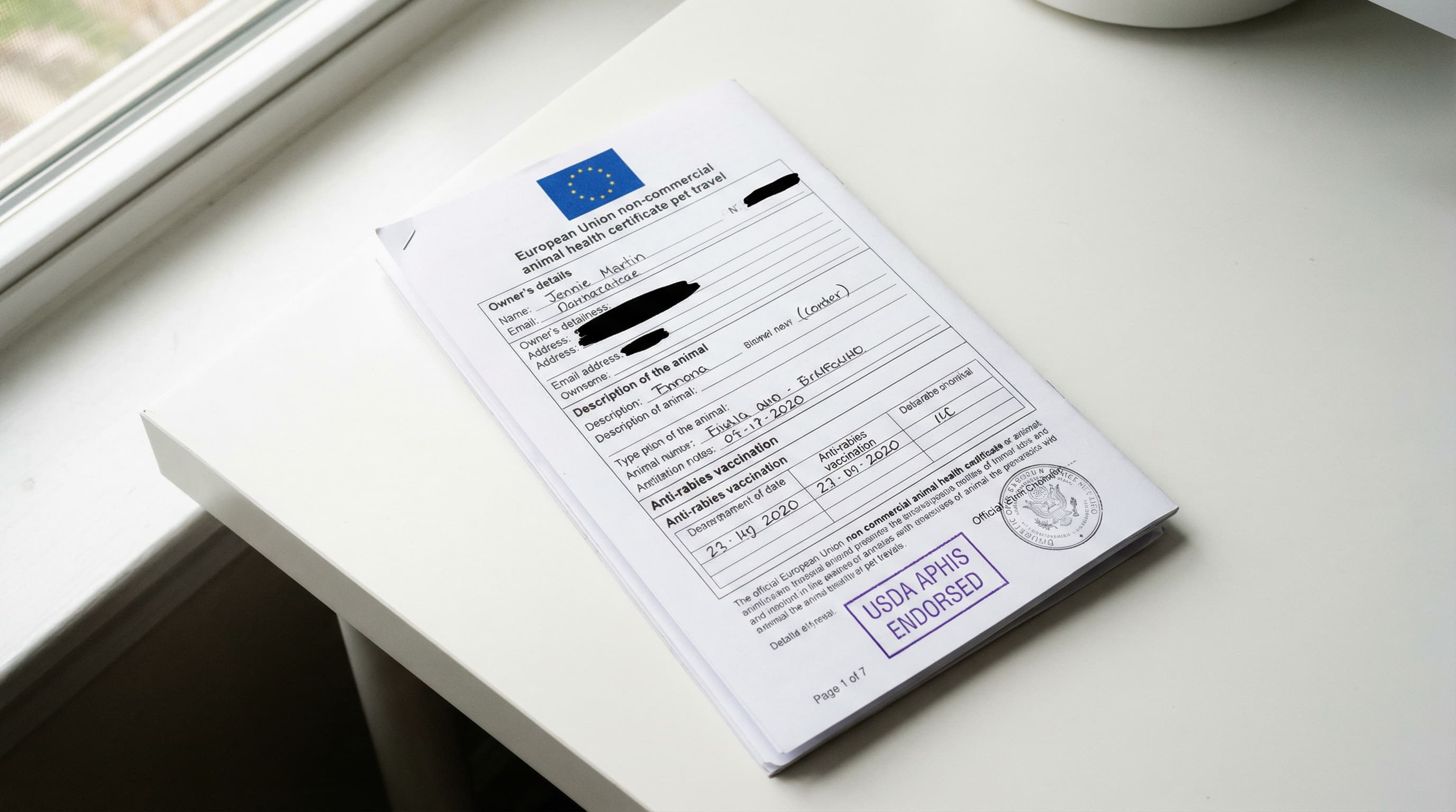 Official EU pet health certificate with USDA APHIS endorsement stamp and embossed seal