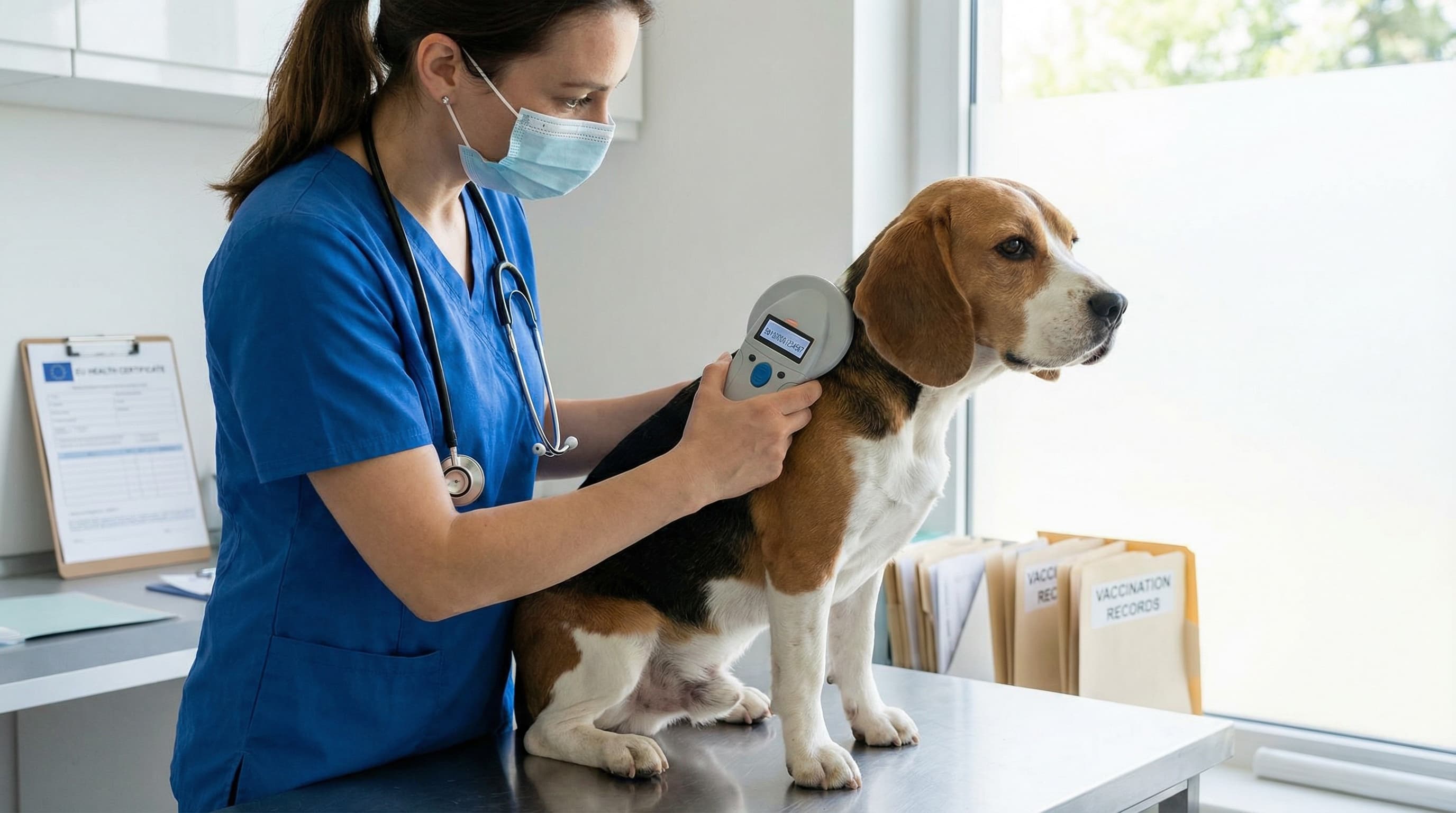 Veterinarian scanning dog's ISO microchip before health certificate