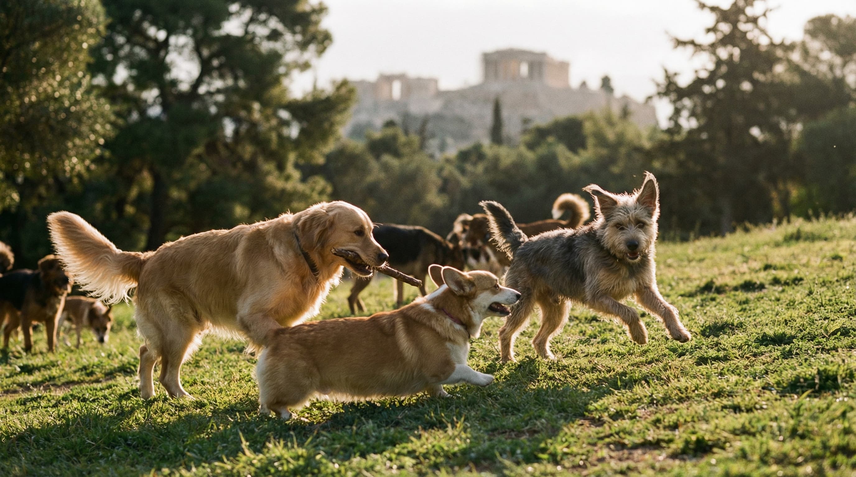 Multiple dog breeds playing together off-leash in an Athens park