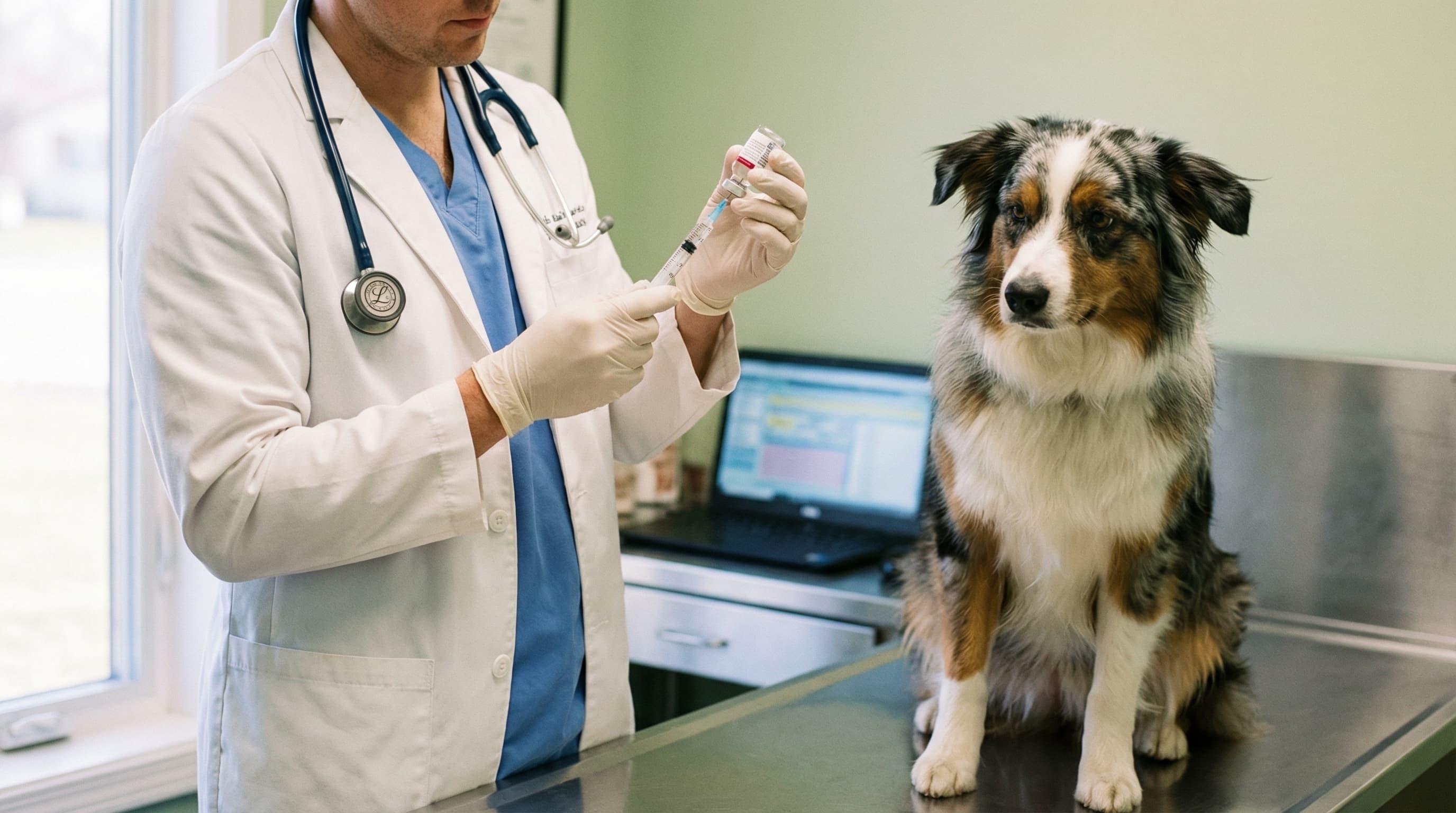 Veterinarian preparing a rabies vaccine while an Australian shepherd sits alertly on the examination table